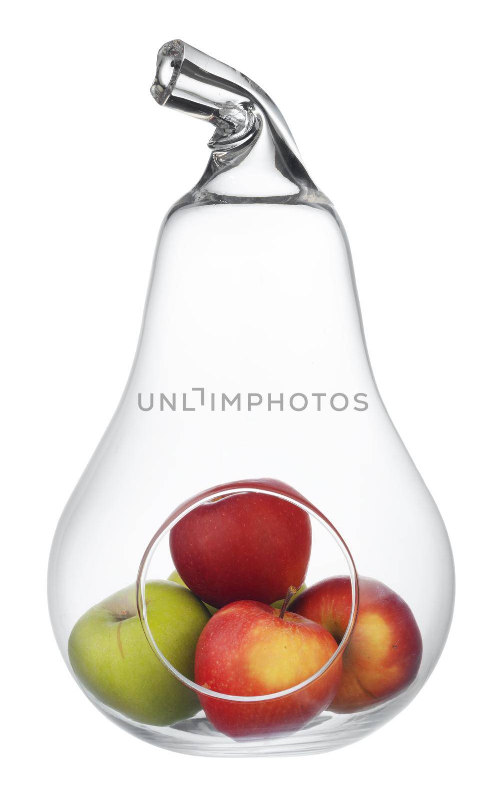 Glass pear-shaped fruit bowl isolated on white background