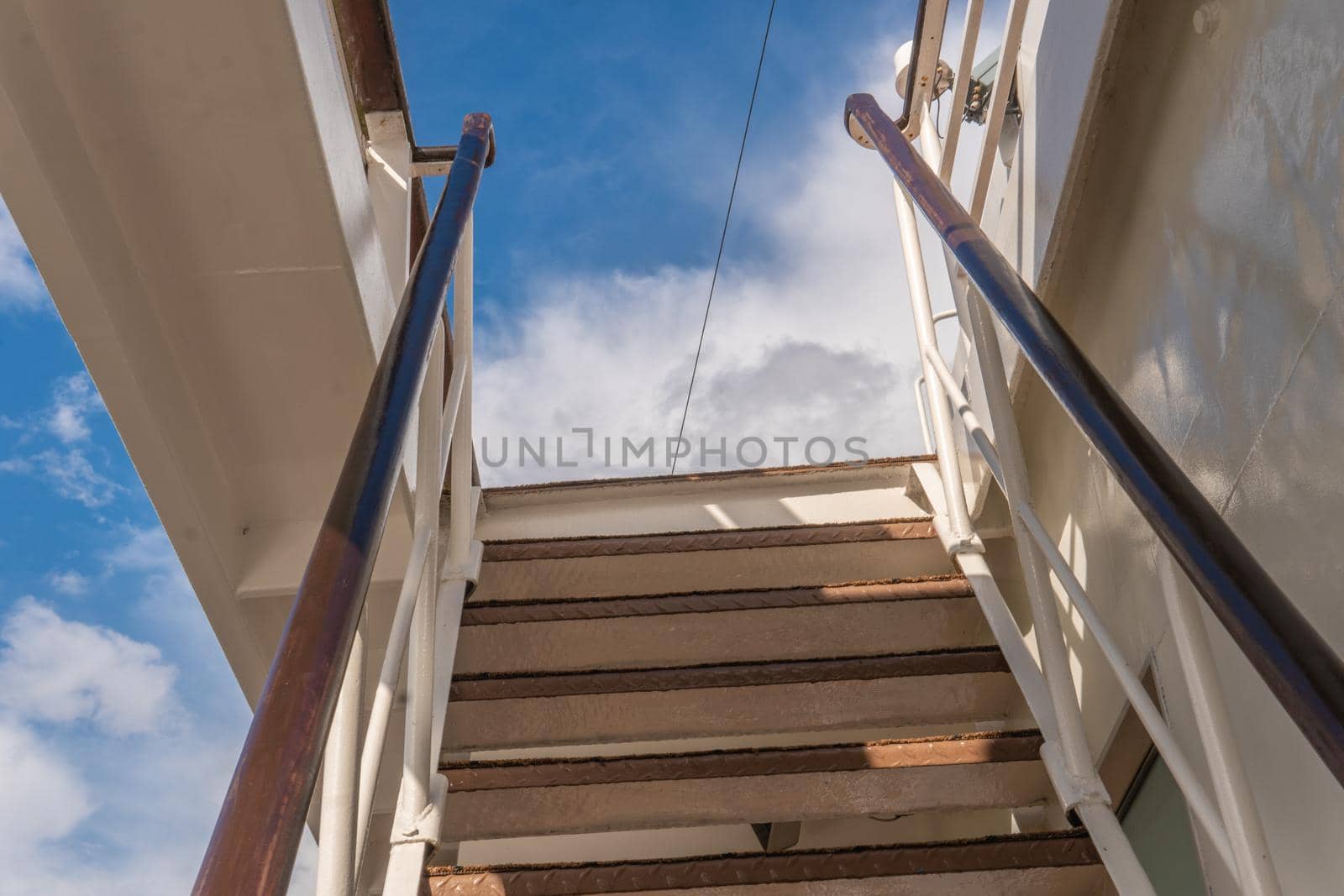 stairs on deck sailing summer yacht, cruise beautiful eck ransport, lifestyle Sailboat shipboard cabin, 4k tourists seascape cruise liner lifeboat lower deck drone view of the sky