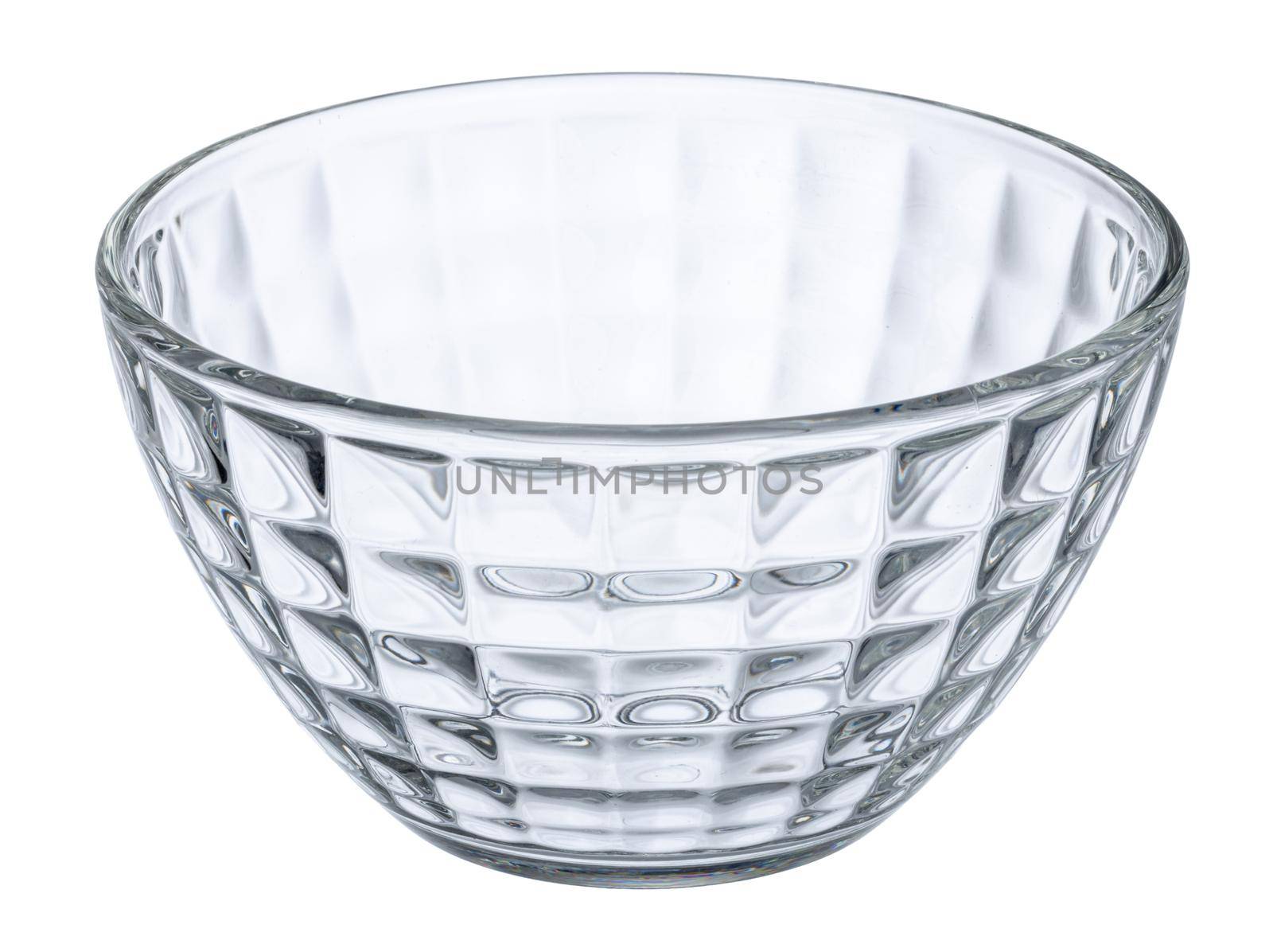 Empty glass bowl isolated on white background front view