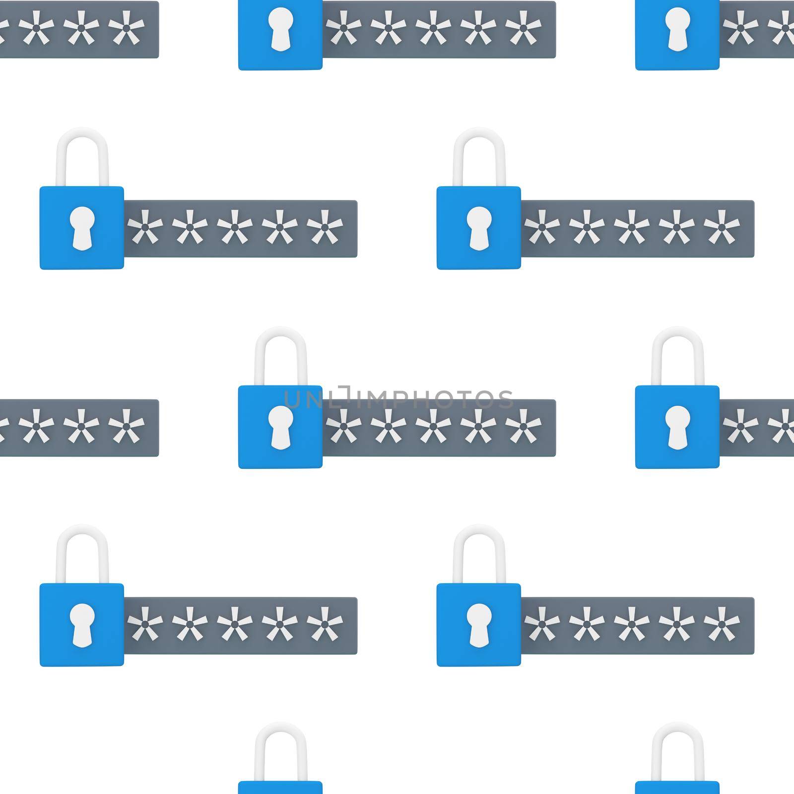 Seamless pattern 3d lock and password field. Password protected secure login concept. minimal creative concept in blue and black colors isolated on white. 3d rendering