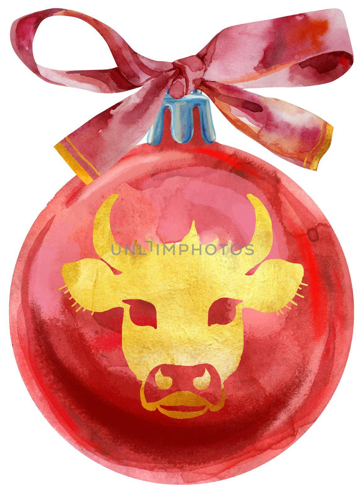 Watercolor red Christmas ball with bow isolated on a white background. On ball silhouette of bull by NataOmsk