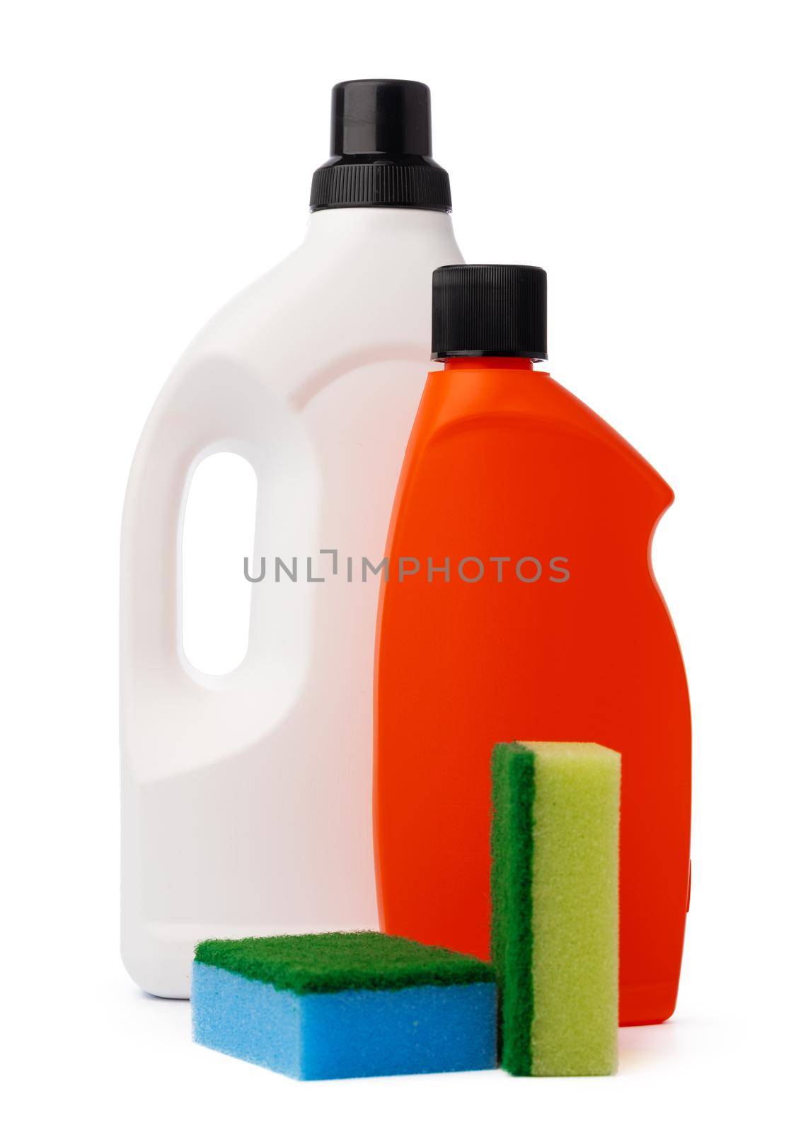 Bottles with cleaning products and sponge on a white isolated background, copy space