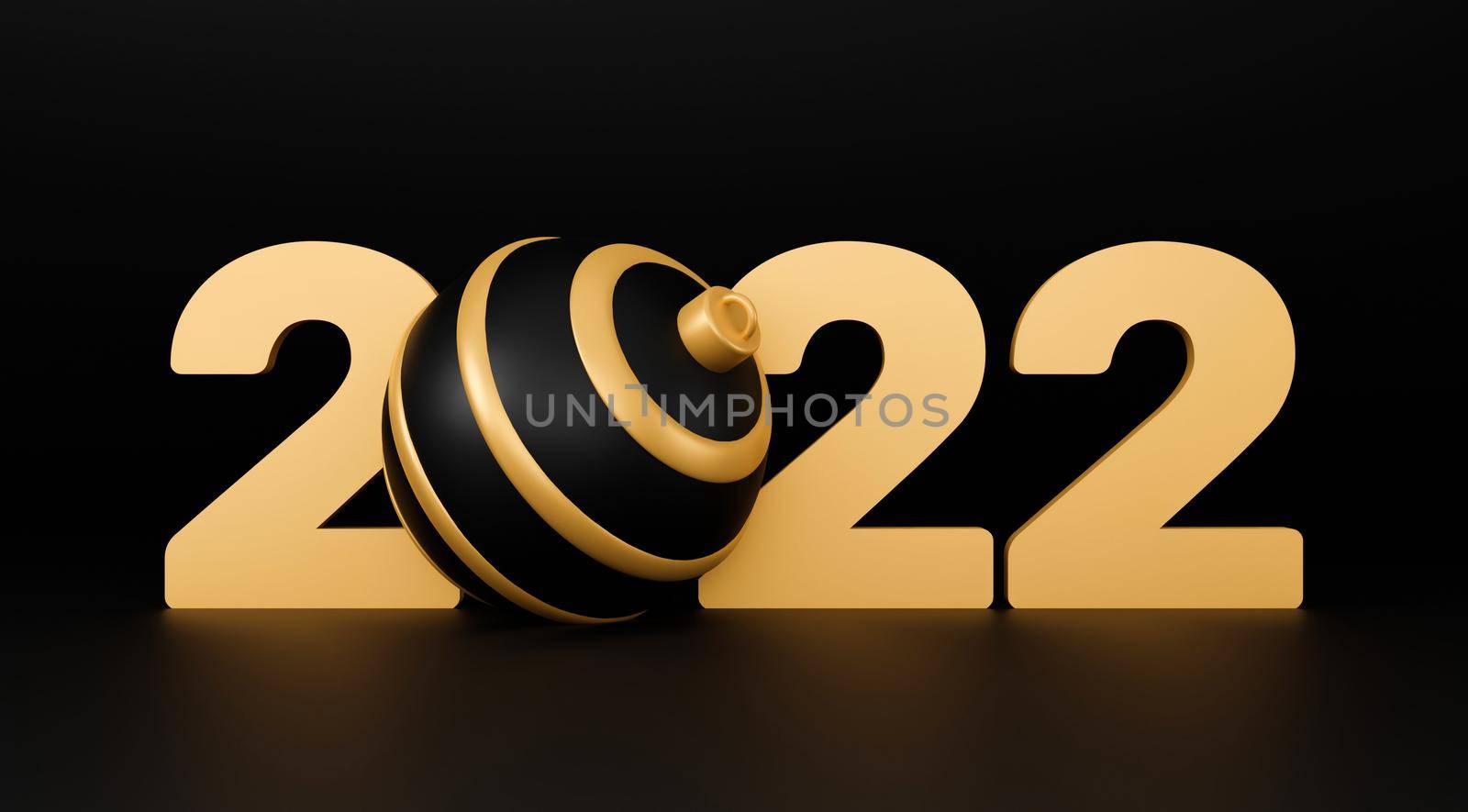 2022 new year abstract background with 3d spheres. black and gold Christmas luxury minimal concept. Decoration design for New Year. 3d rendering