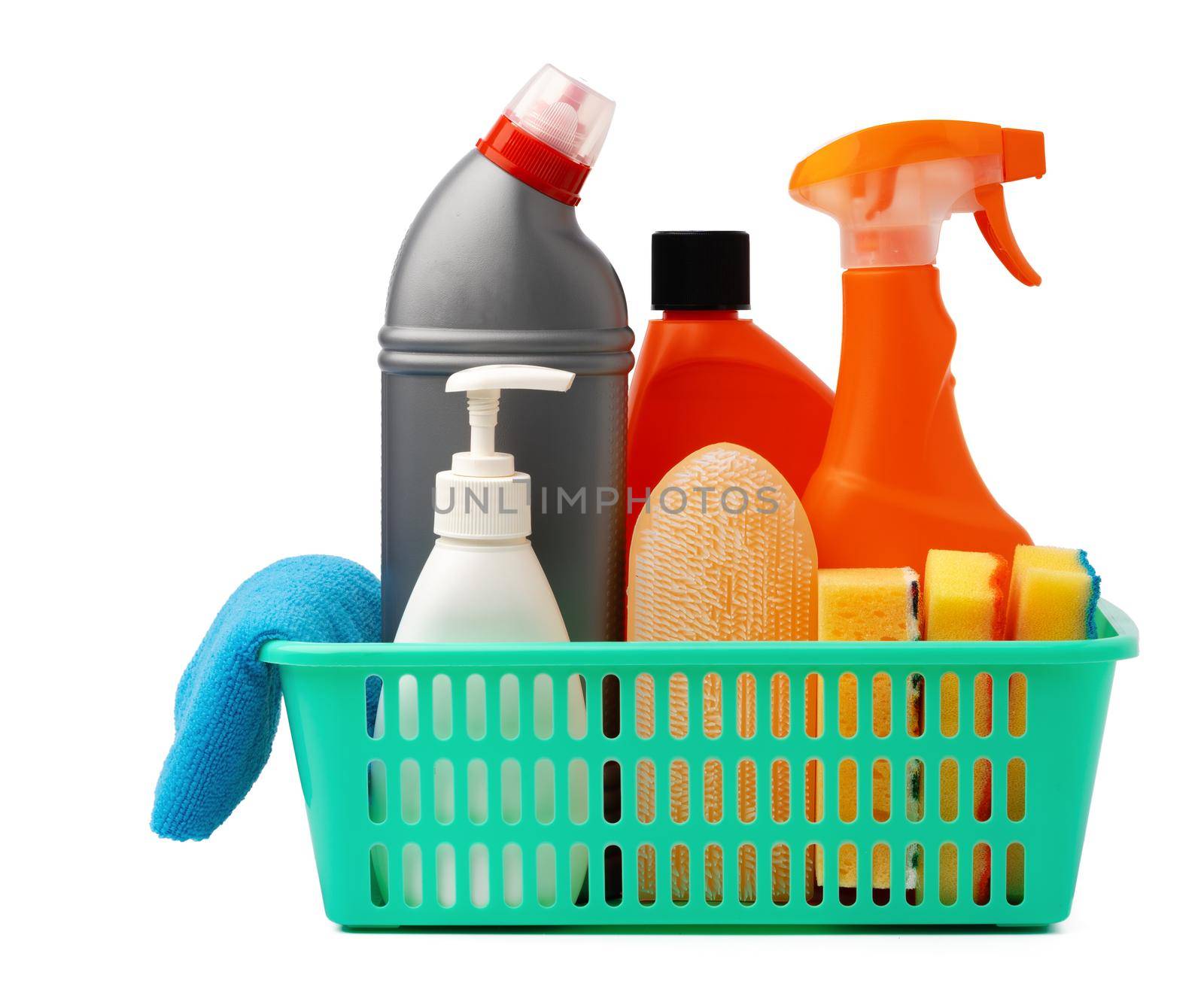 Cleaning items in basket isolated on white background, close up