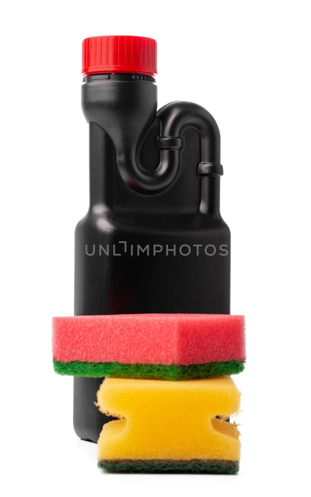 Bottles with cleaning products and sponge on a white isolated background, copy space