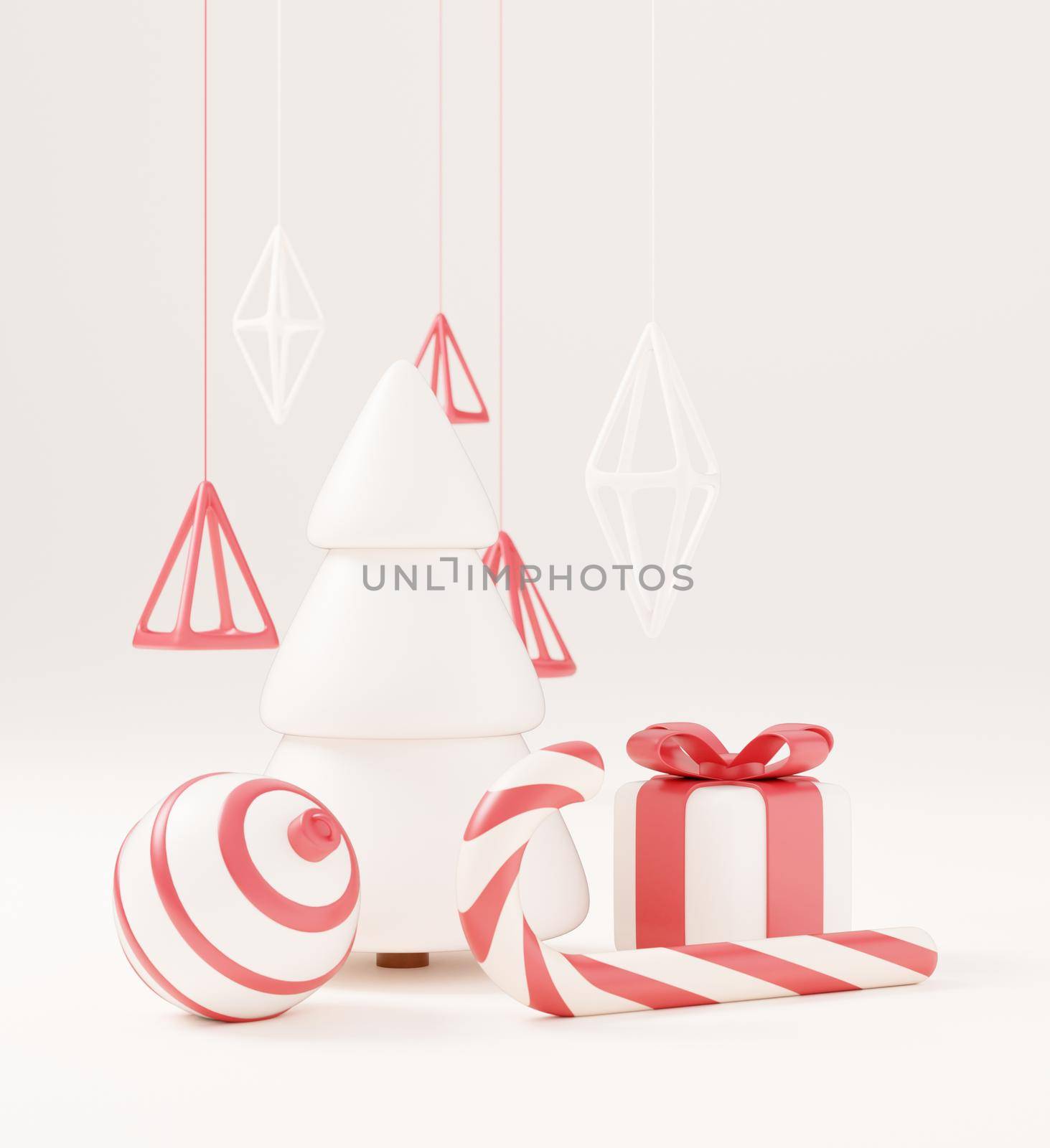 3d Christmas tree with red gift box and ball white background, xmas poster, web banner. 3d render illustration minimal style christmas and new year concept by lunarts
