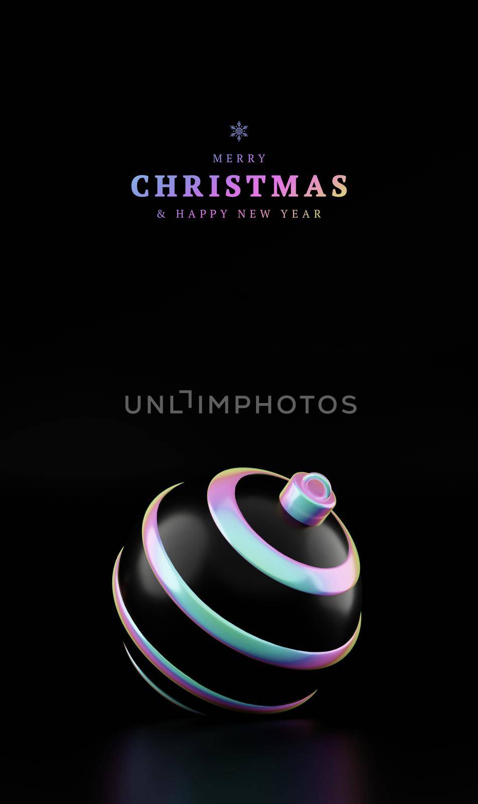 Merry christmas and happy new year holographic ball on black vertical background. 3D rendering of glossy white christmas ball in holographic neon light isolated