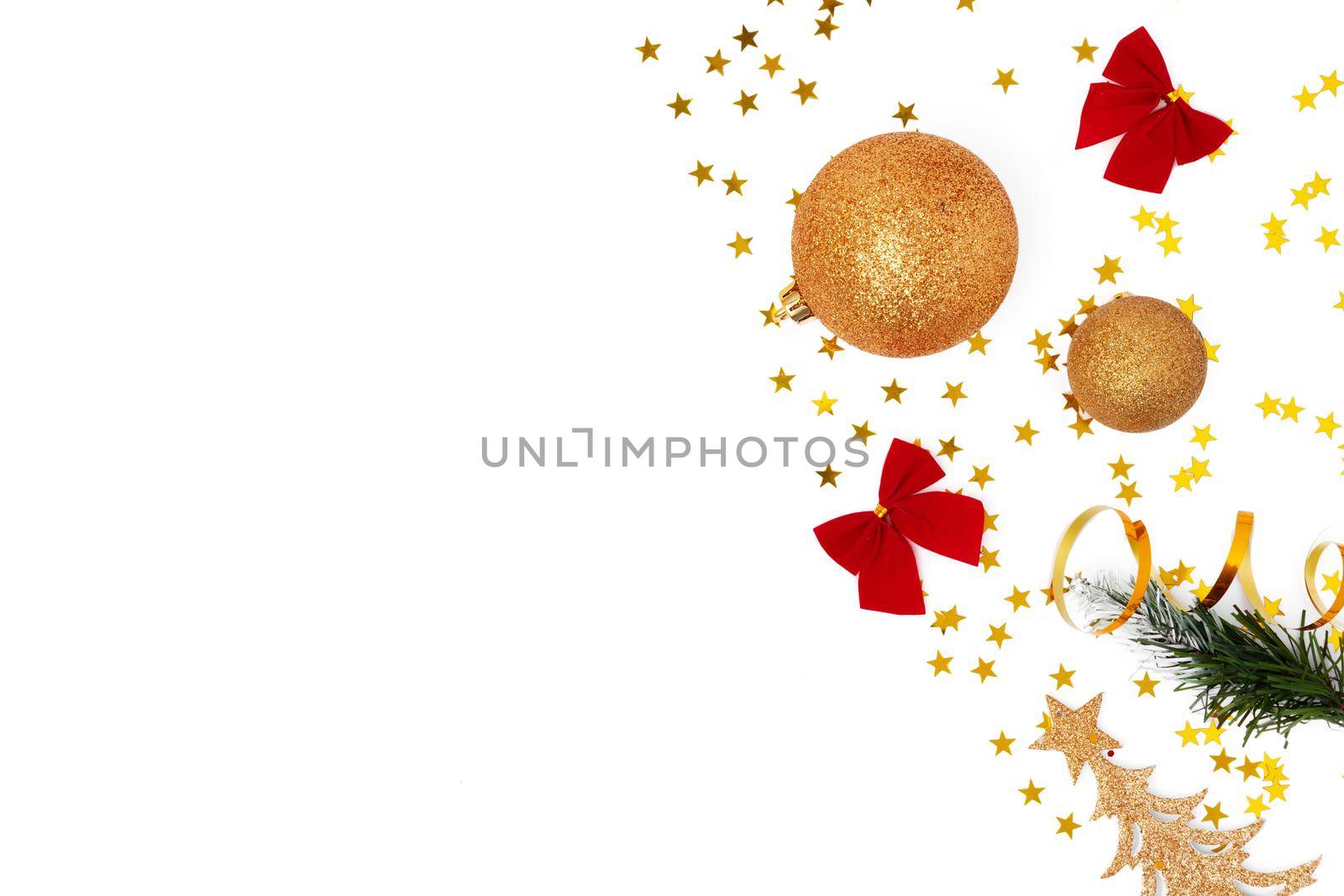 Top view of Christmas decorations composition on white background with copy space