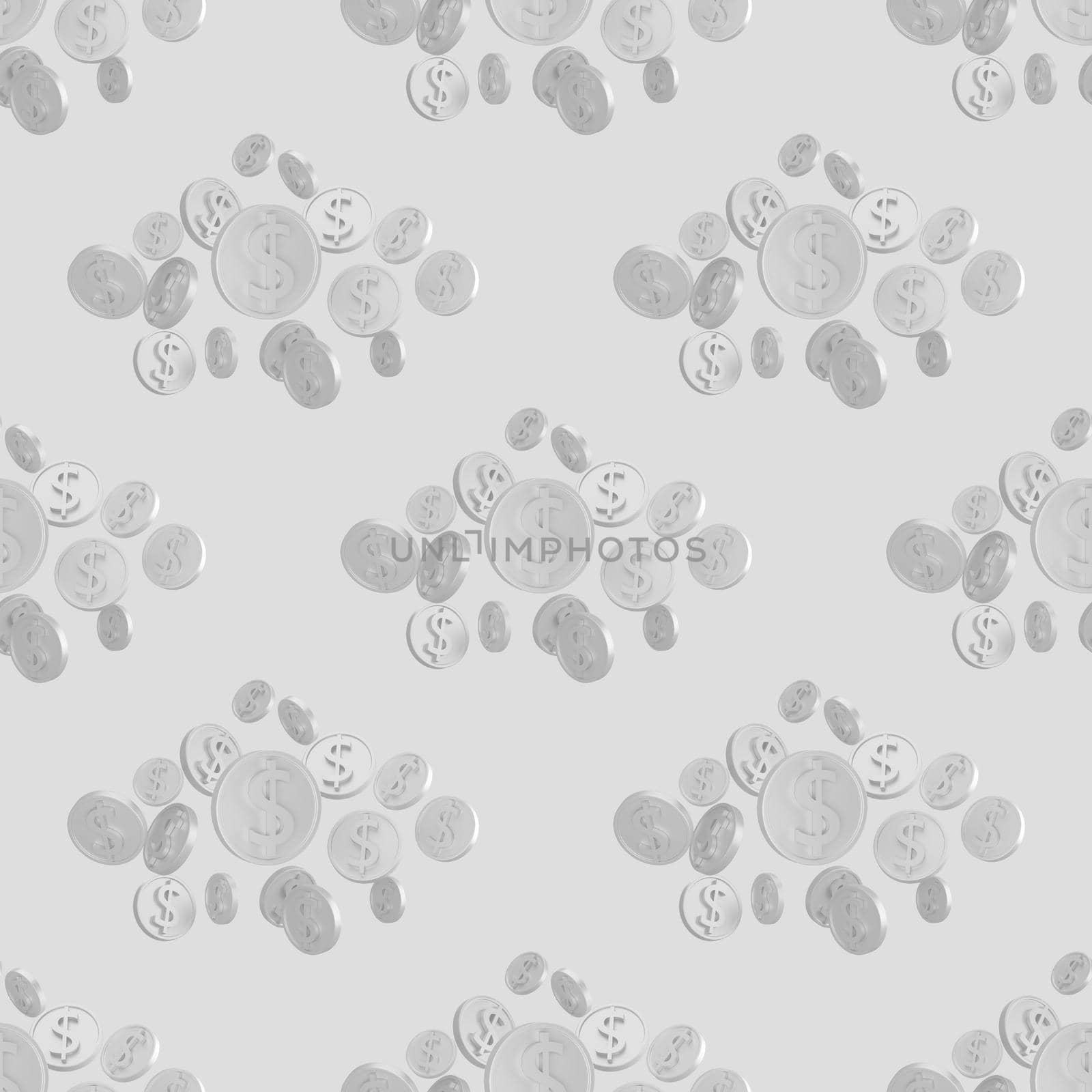 Realistic silver 3d coins with dollar sign seamless pattern. Seamless wrapping pattern of shiny money 3d render illustration