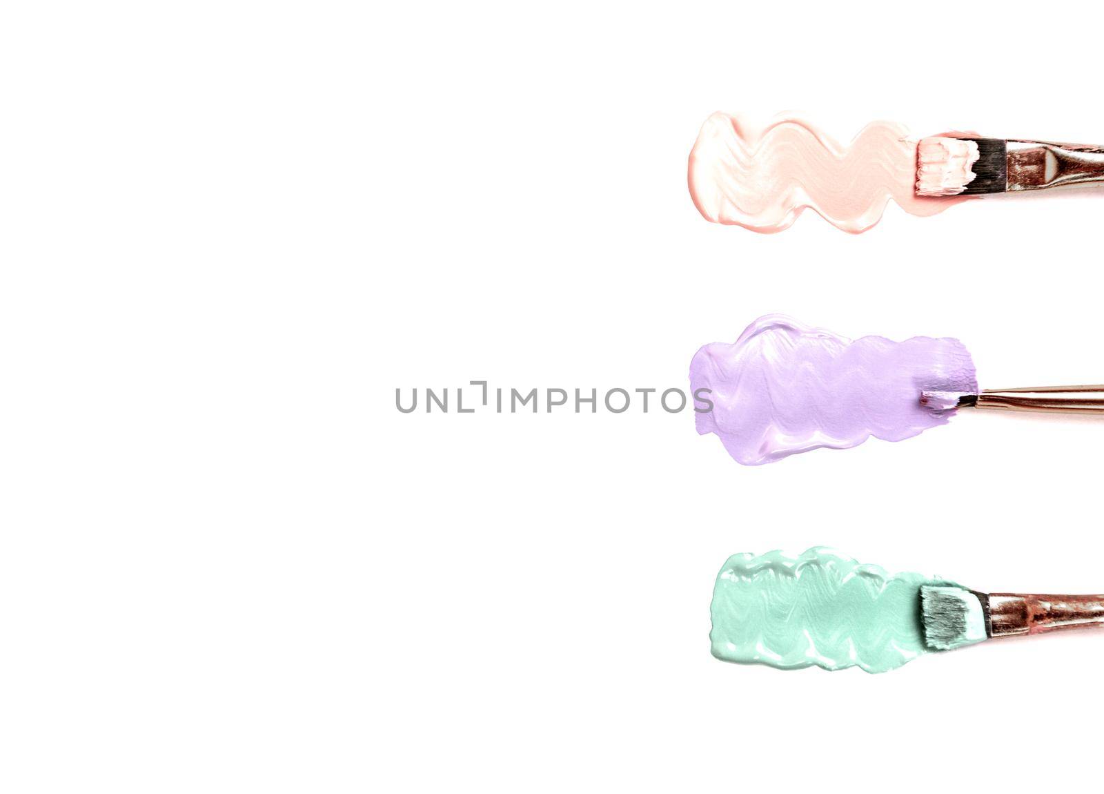 Three straight lines made by three different paint with paint brushes isolated on white background. texture isolated on white background with copy space.