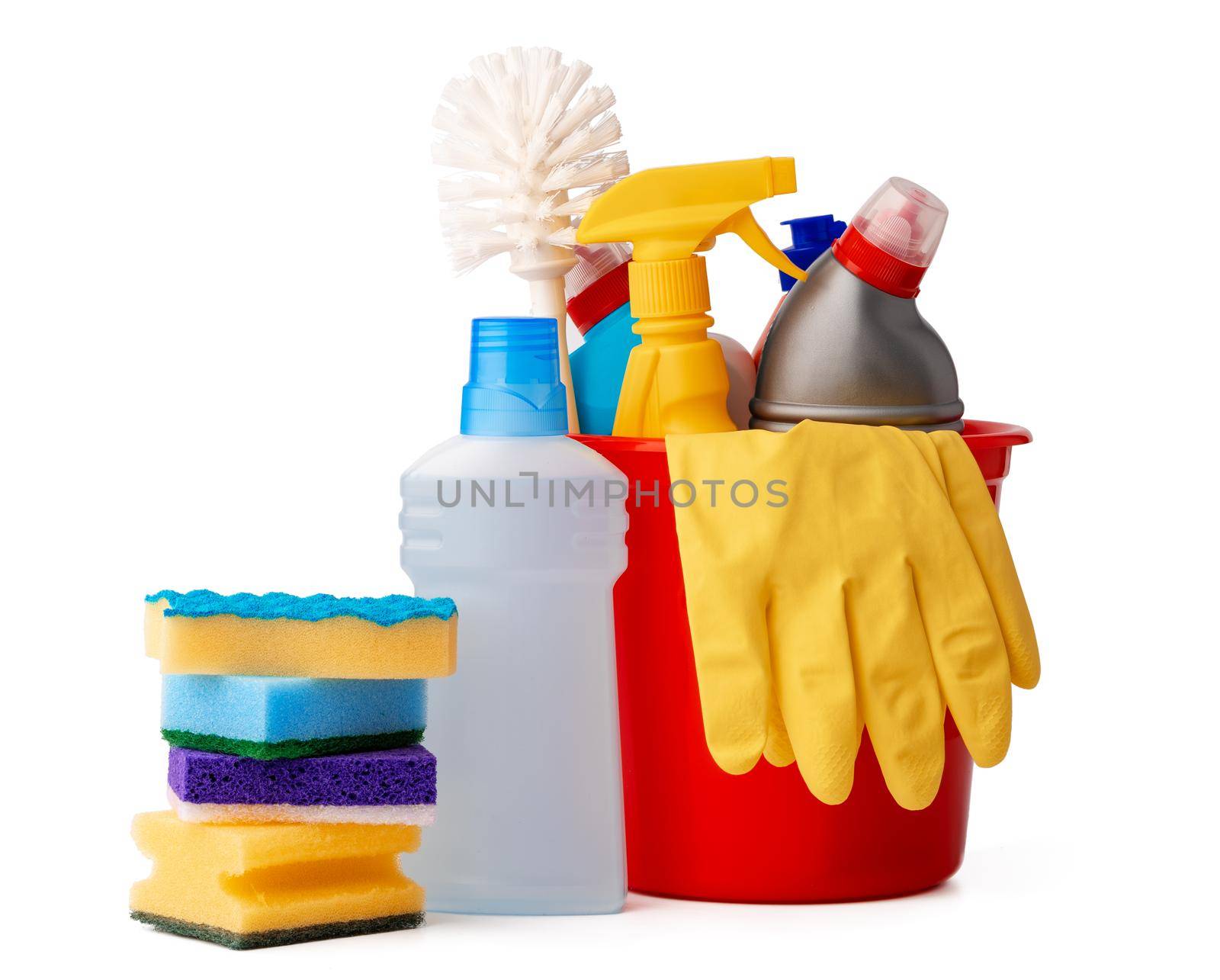 Cleaning supplies bottles isolated on white background, close up