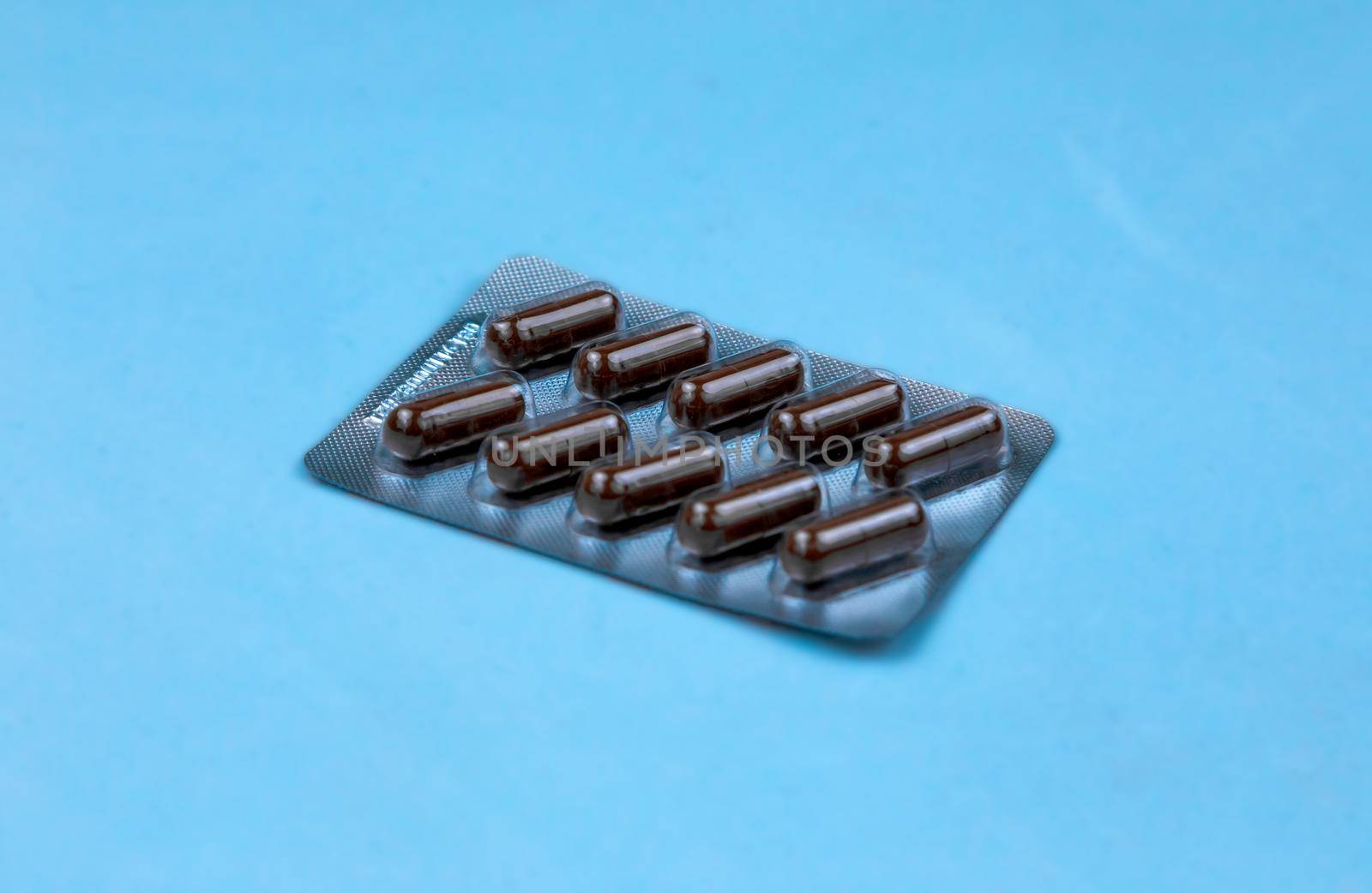 Heap of medical pills. Pills in plastic package. Concept of healthcare and medicine with copy space for text.