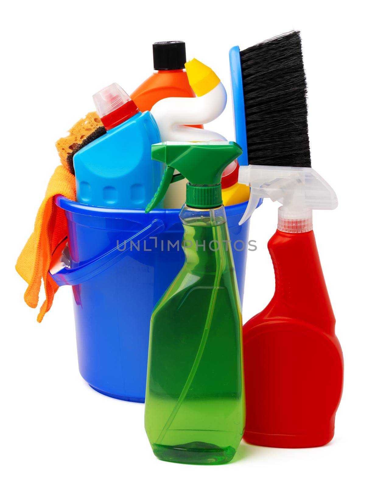 Liquid detergents and cleaning supplies in plastic bucket on white background, close up