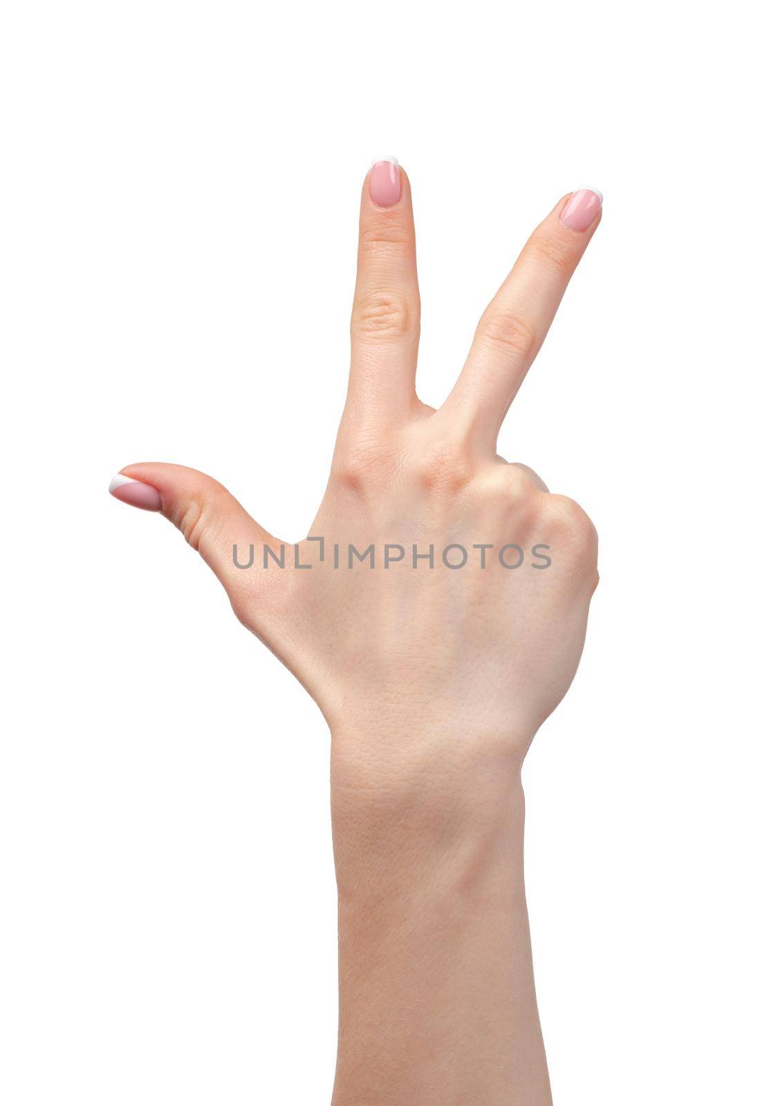 Female hand showing three fingers isolated on white background