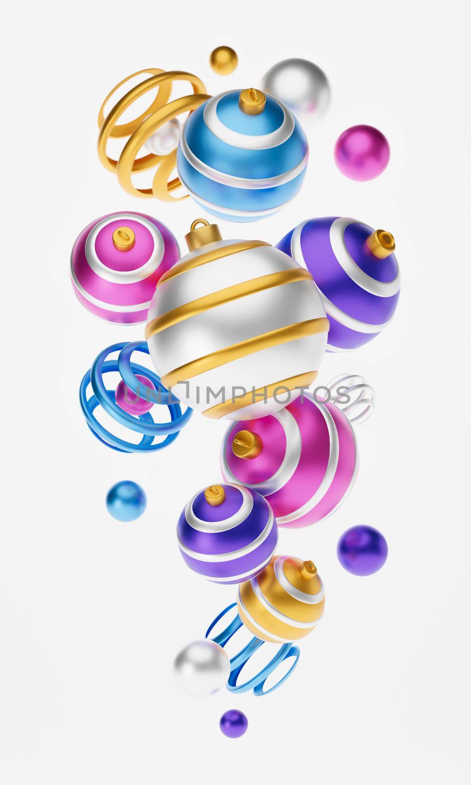 Merry christmas 3d greeting card or illustration banner. Merry Christmas and Happy New Year 3d render illustration card with ornate pink, blue, yellow xmas balls. Winter decoration xmas minimal design by lunarts