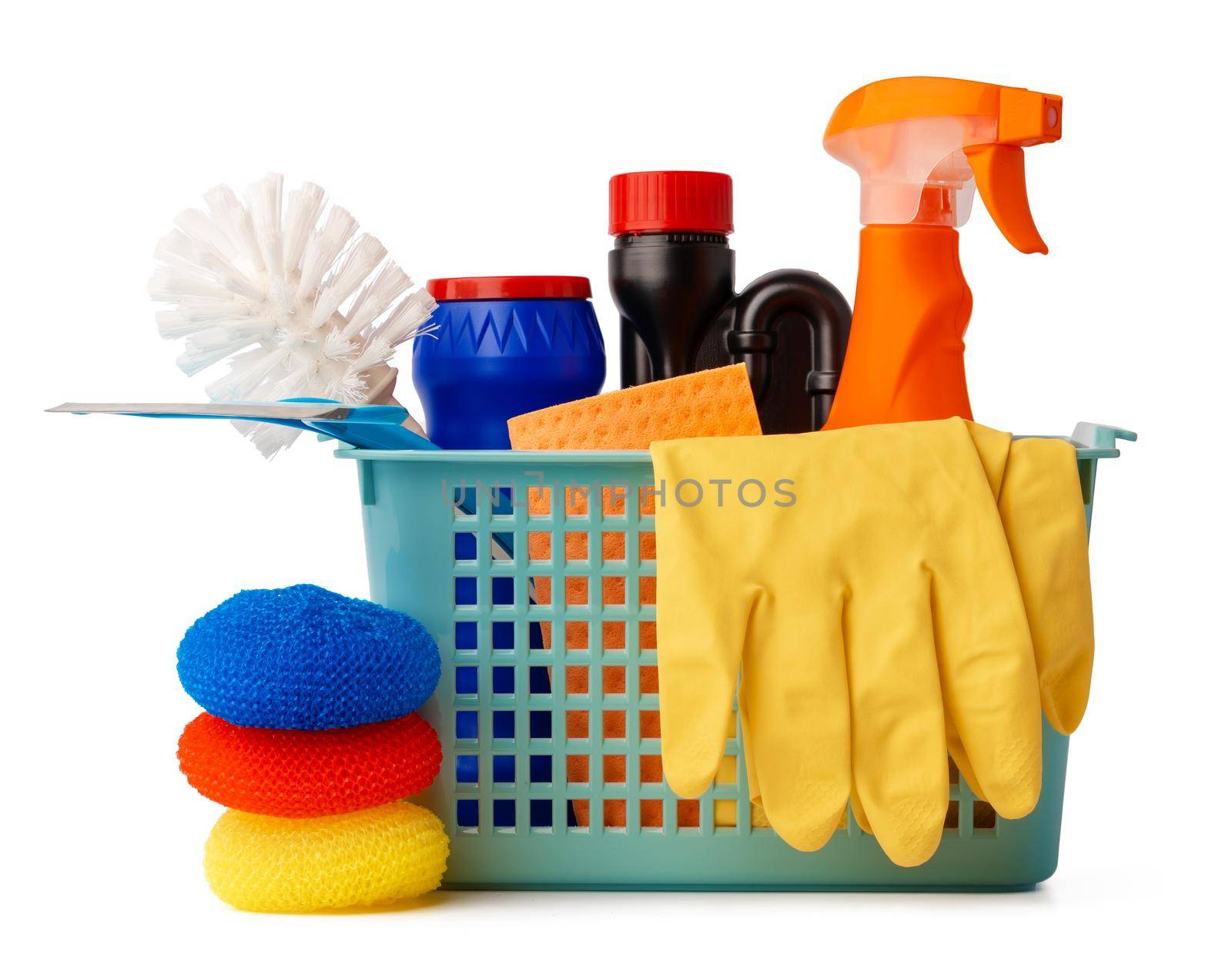 Cleaning supplies bottles isolated on white background, close up