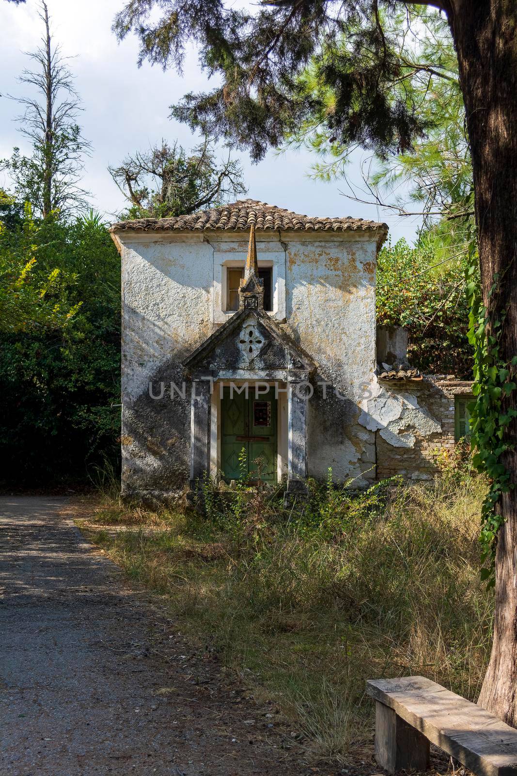 Corfu, Greece - August 26, 2018: Old building in Mon Repos Palace. The villa was built as a summer residence for the British Lord High Commissioner.