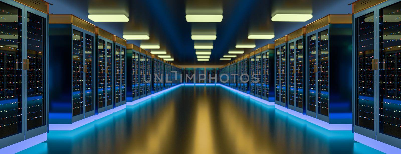 Servers racks in server room cloud data center. Datacenter hardware cluster. Backup, hosting, mainframe, mining, farm and computer rack with storage information. 3D rendering. 3D illustration