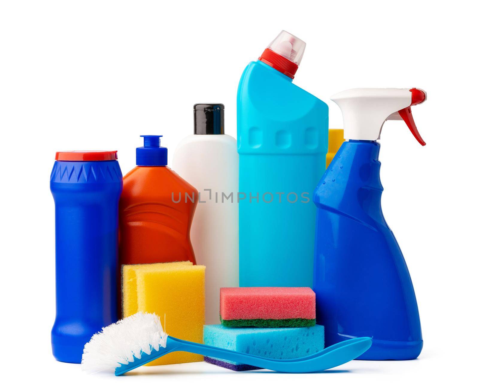 Sanitary household cleaning items isolated on white background, close up