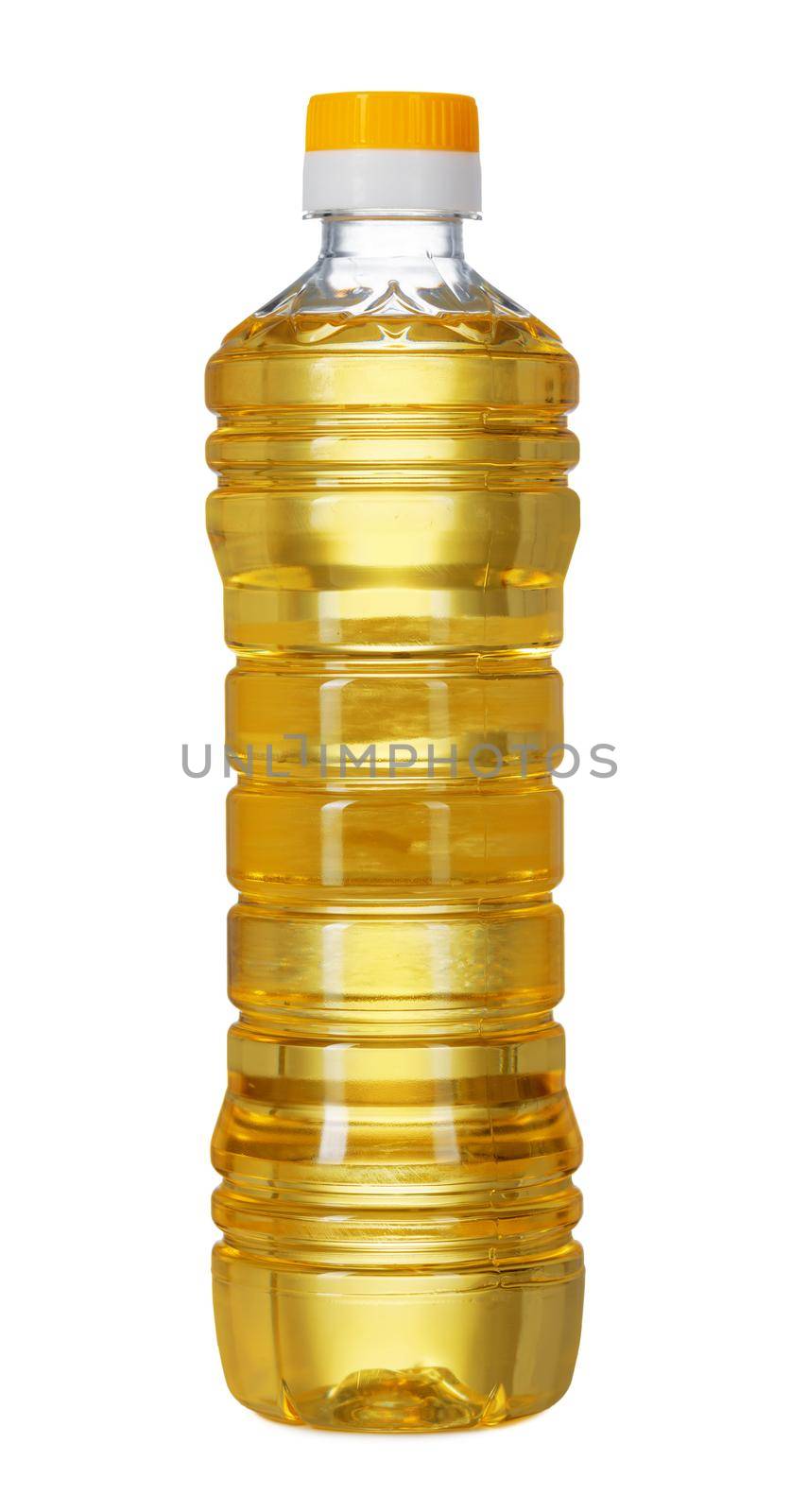 Bottle of sunflower oil isolated on white background. Close up.