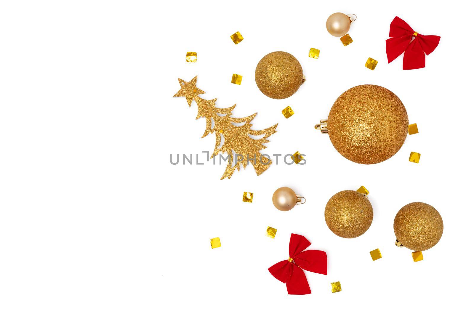 Top view of Christmas decorations composition on white background with copy space