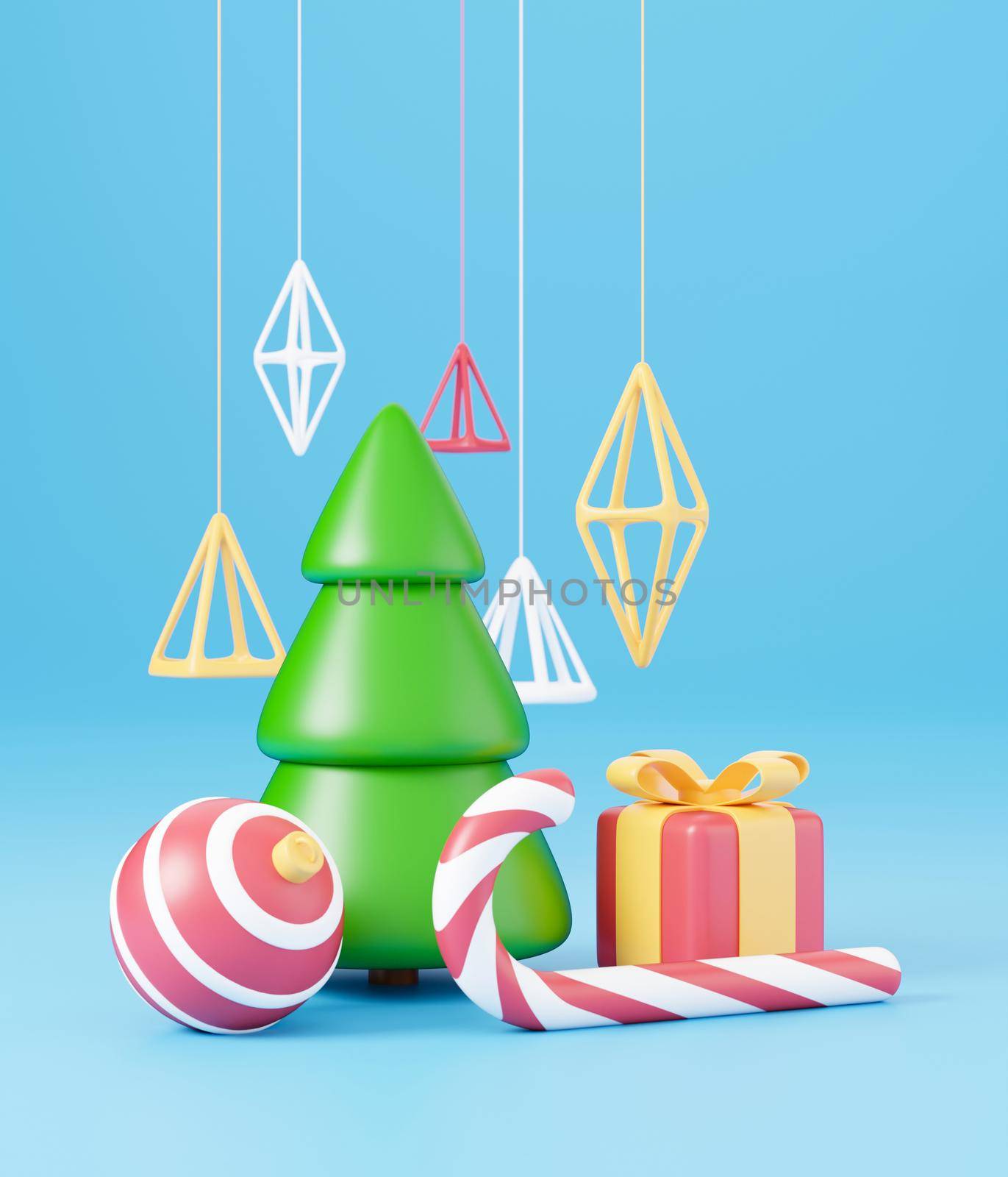 New Year and Christmas 3d design. Realistic gifts box, xmas fir tree, ball, candy and decorative elements holiday banner. 3d render image of christmas holiday by lunarts