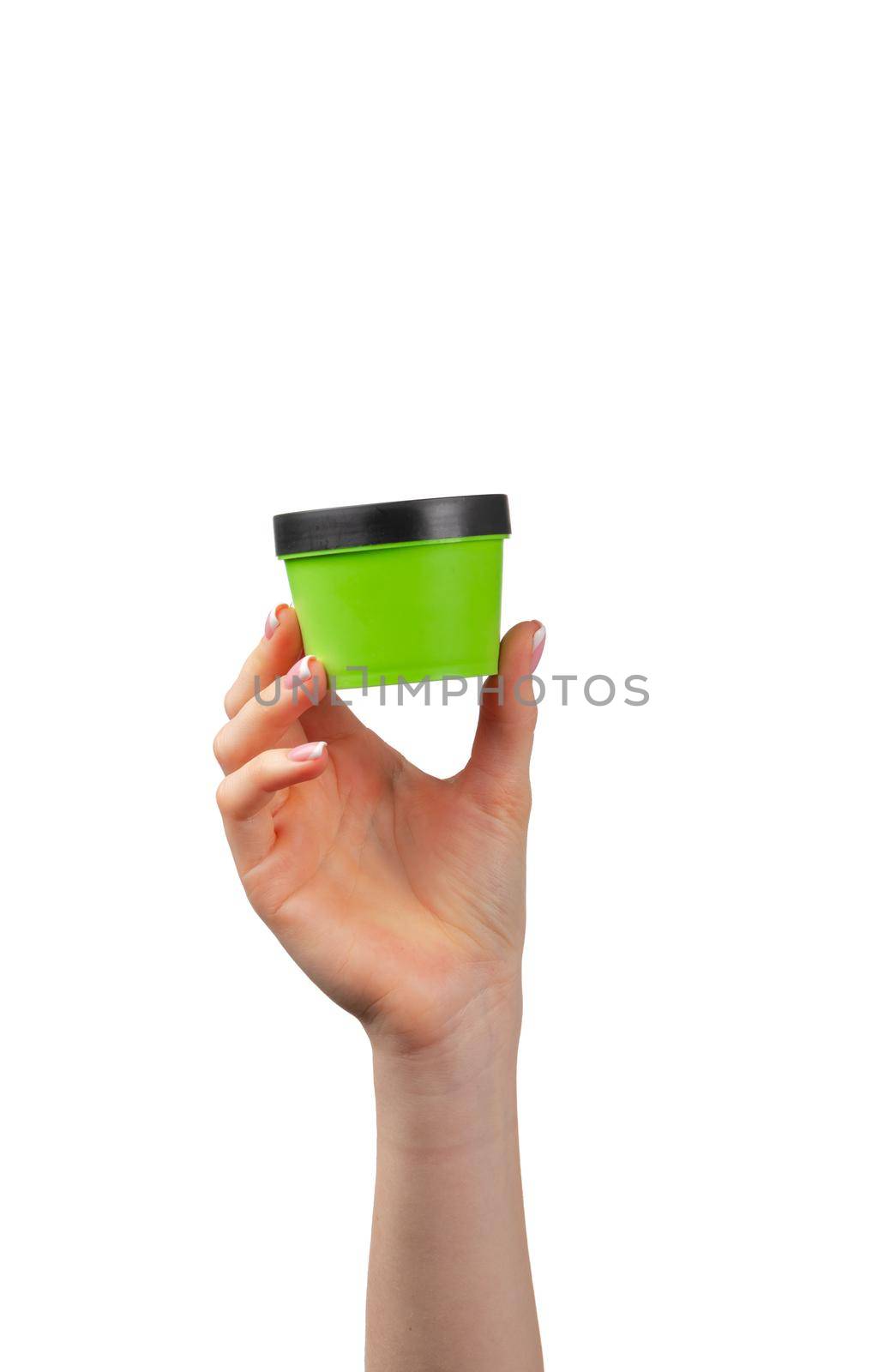 Hand holding cosmetic plastic tube isolated on white background by Fabrikasimf