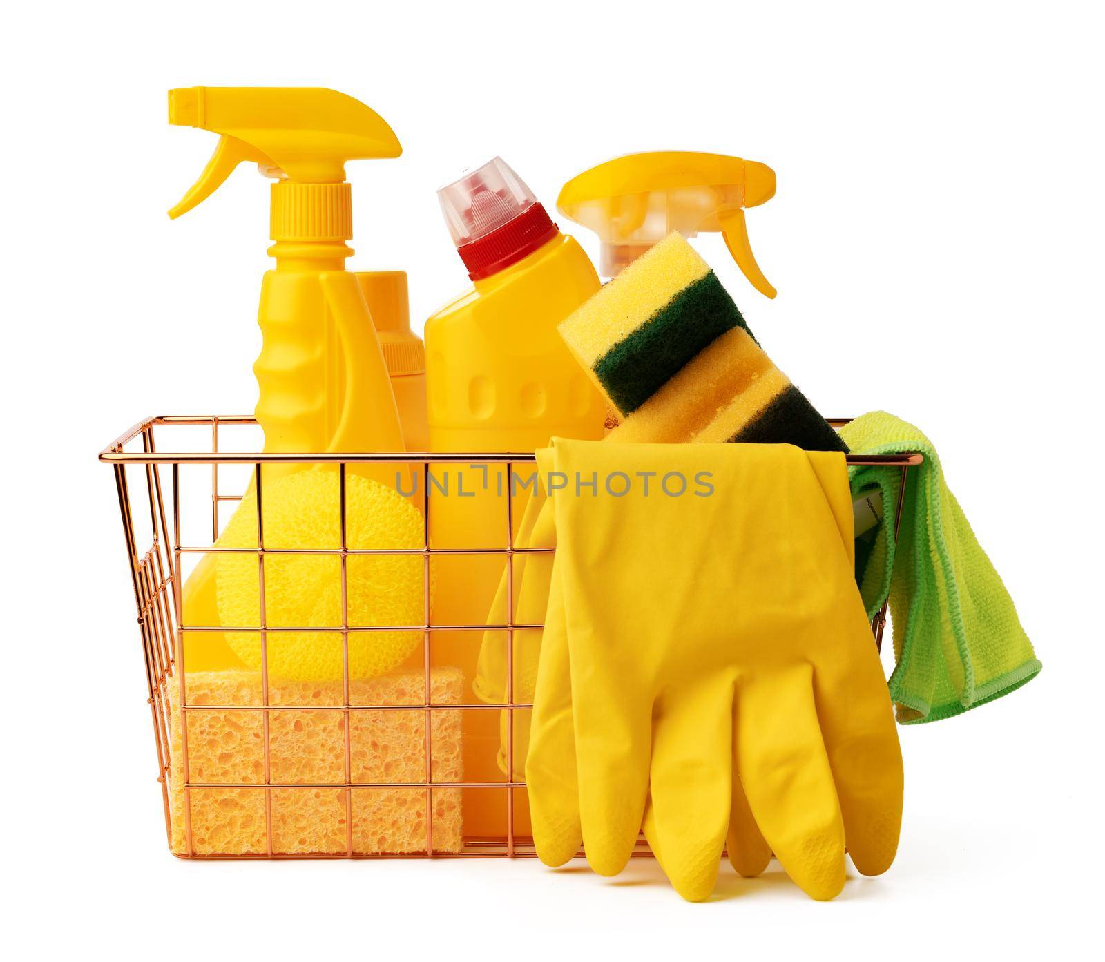 Cleaning items in basket isolated on white background, close up