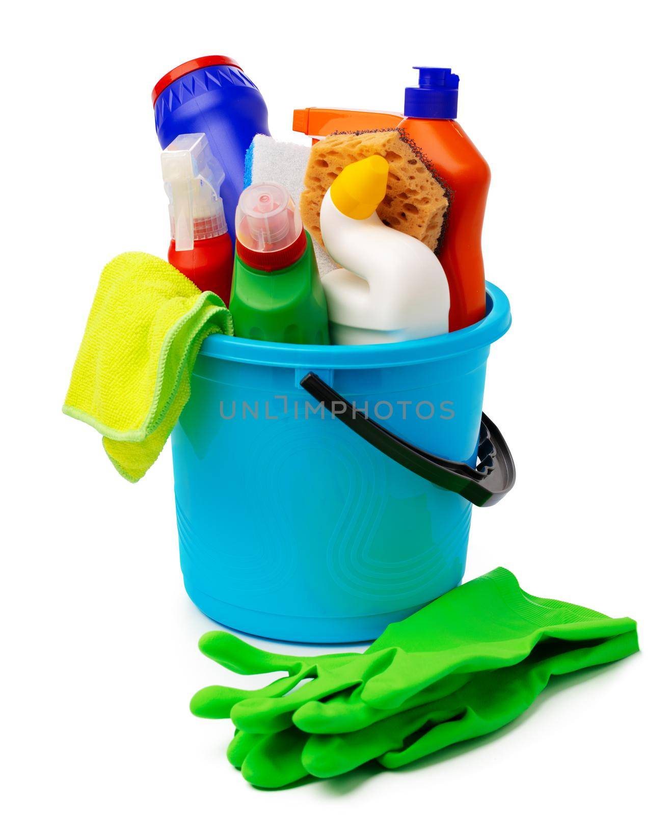 Liquid detergents and cleaning supplies in plastic bucket on white background, close up