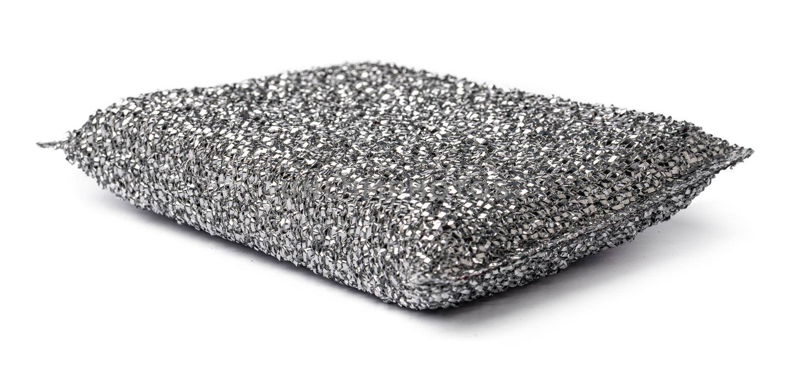 Metal sponge for washing dishes on a white background, close up