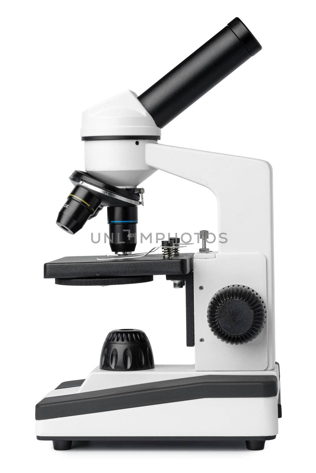 Scientific microscope isolated on white background, front view, close up