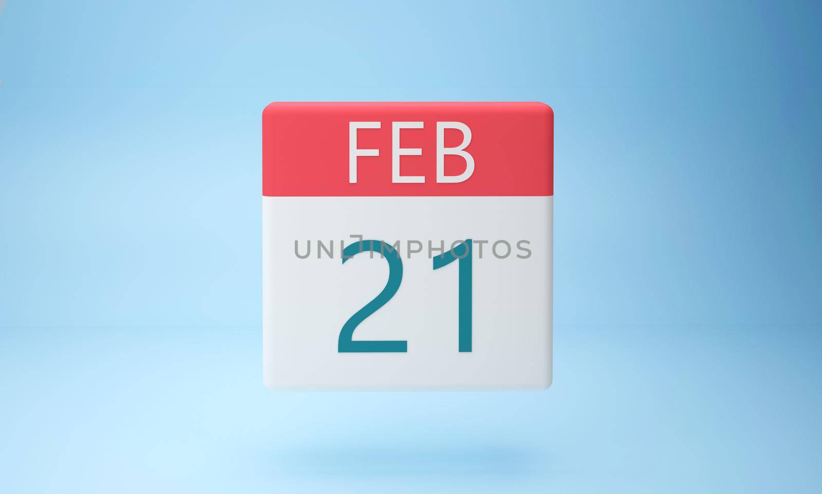 February 21 on a white calendar page, 3d render illustration