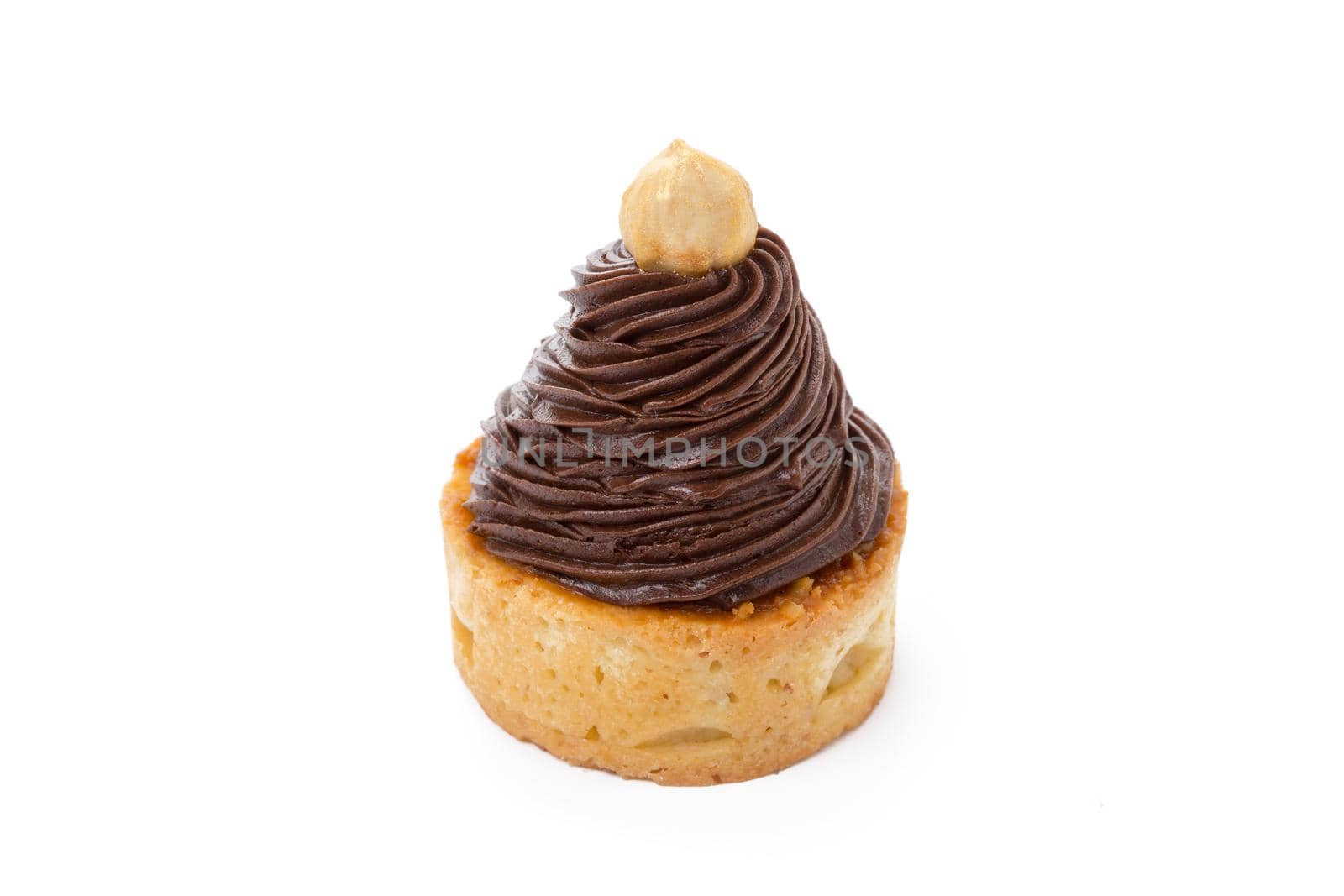 Tart with chocolate and nuts isolated on white background