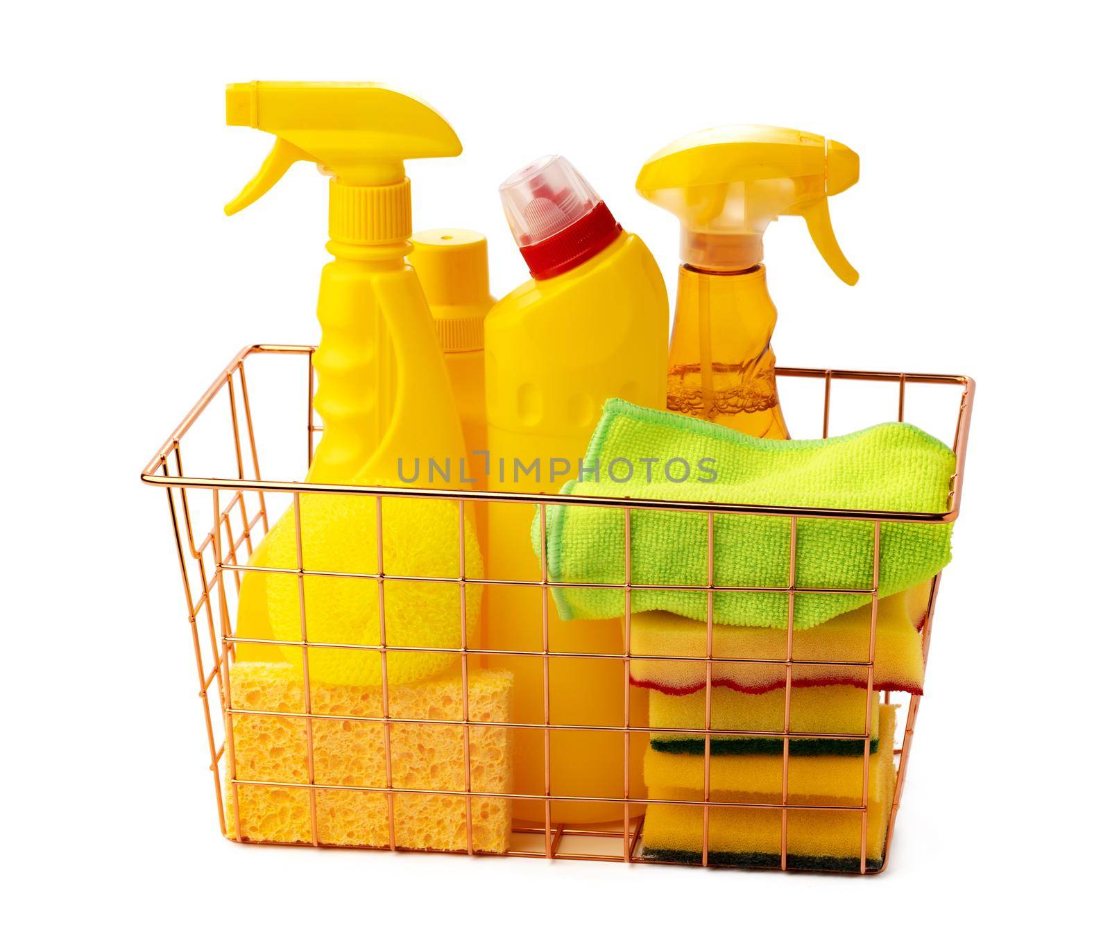 Cleaning items in basket isolated on white background, close up