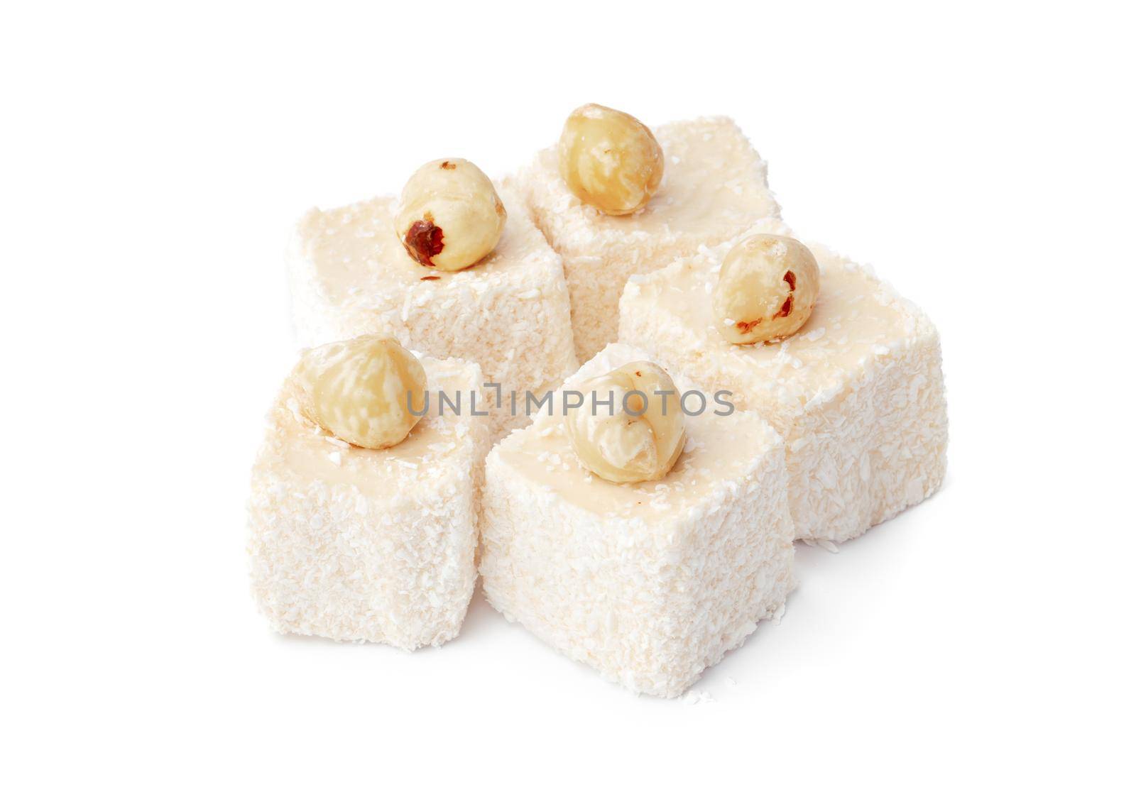 Turkish delight dessert isolated on white background, close up