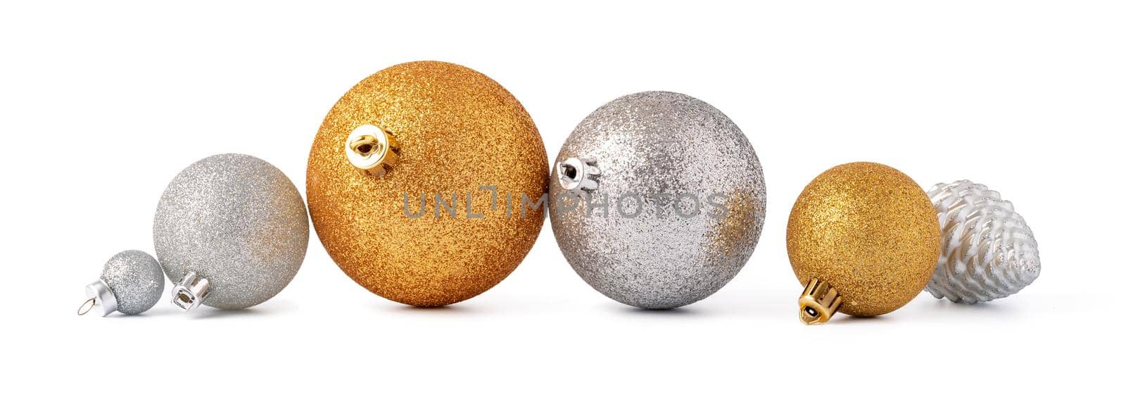 Christmas decoration balls isolated on white background, close up