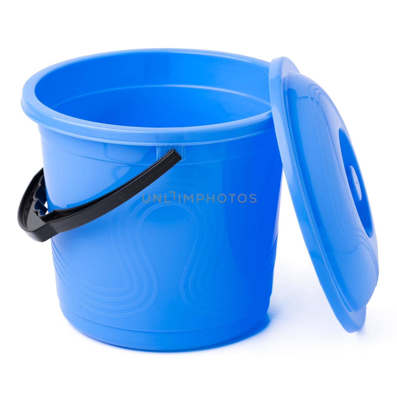 Single plastic bucket isolated on a white background, close up