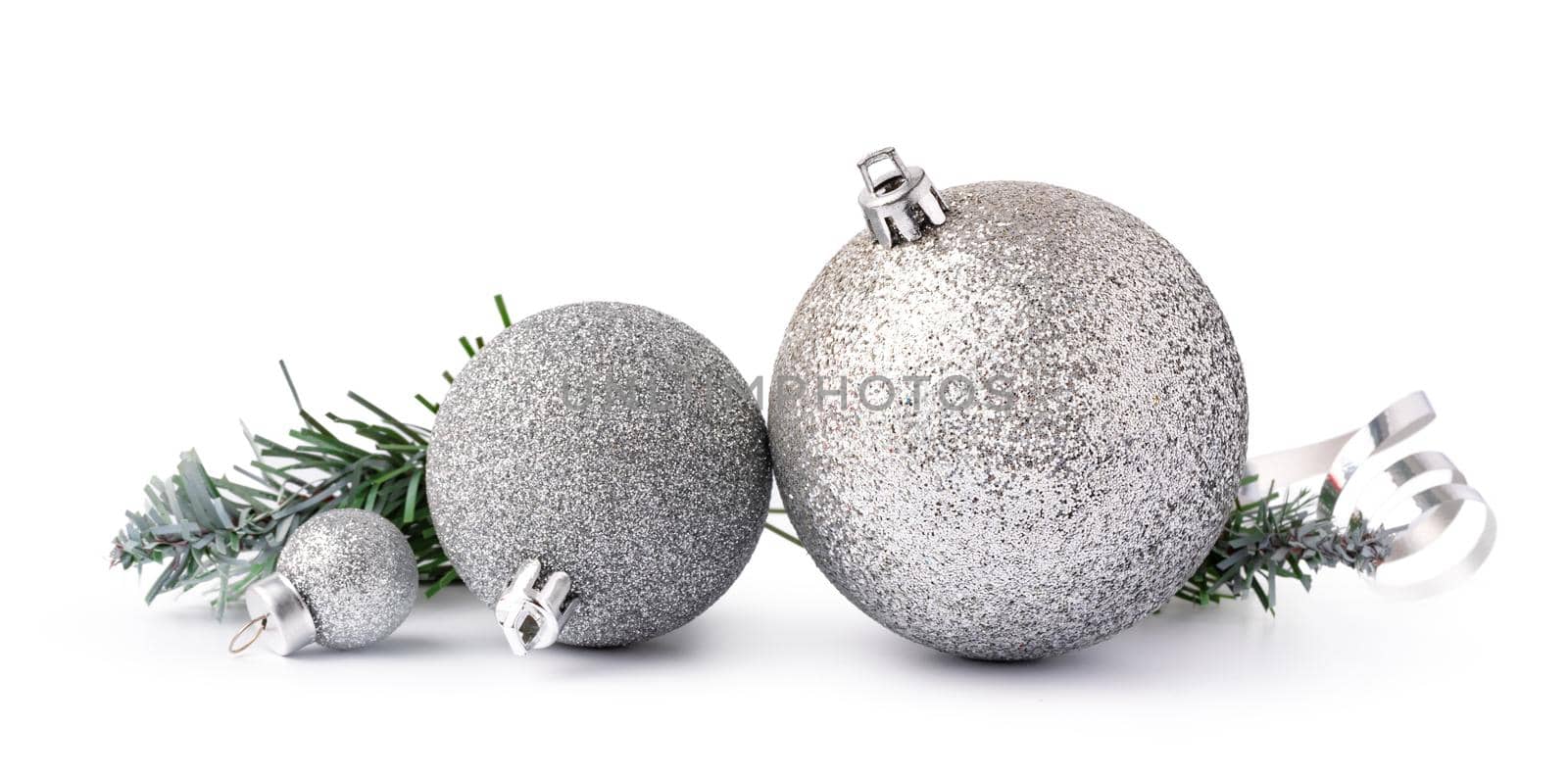 Christmas decoration balls isolated on white background, close up