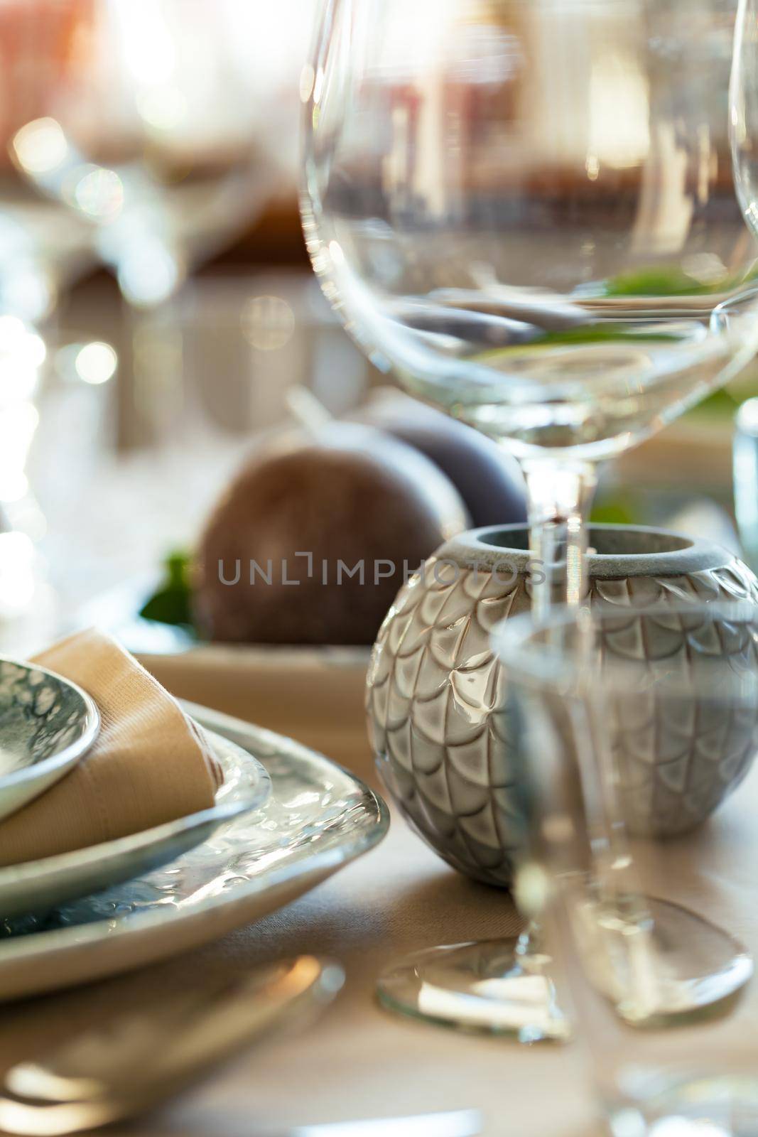 Elegant dinner table served for banquet event. Close up.