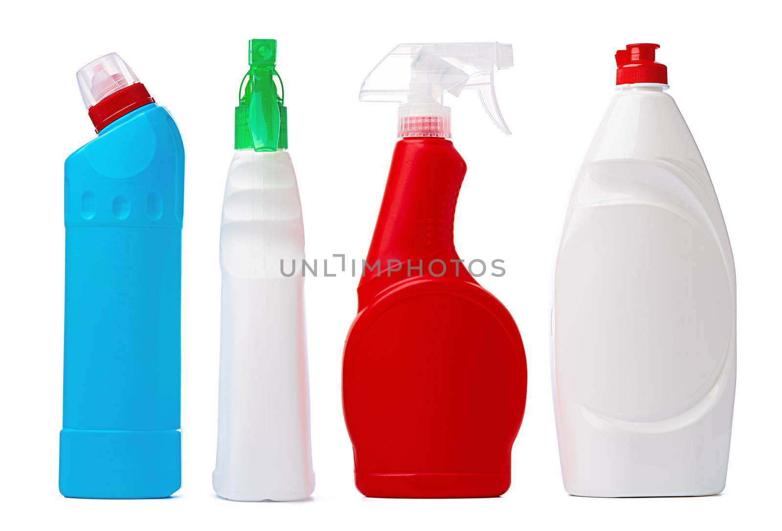Plastic liquid detergent container on white background by Fabrikasimf