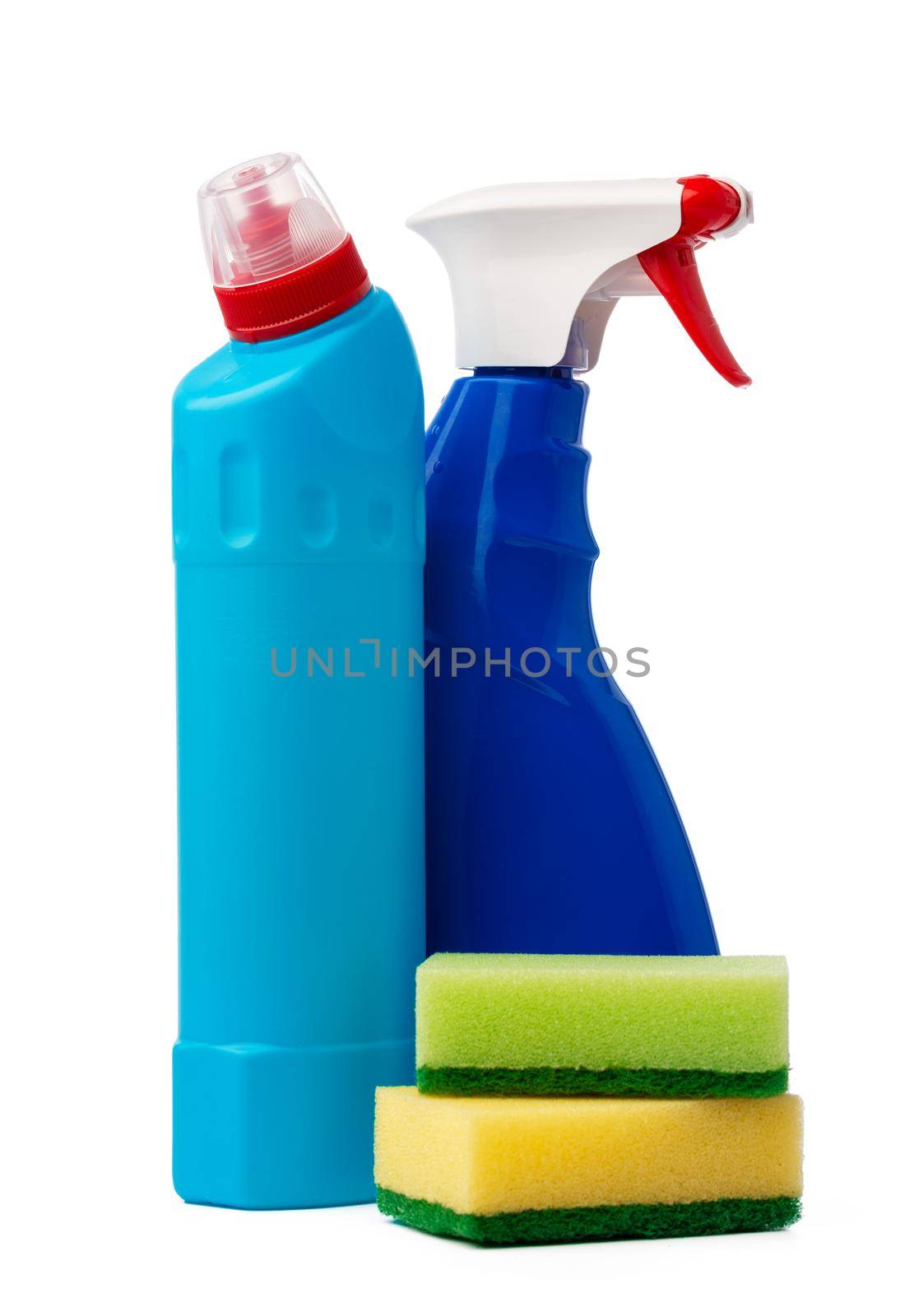 Bottles with cleaning products and sponge on a white isolated background, copy space