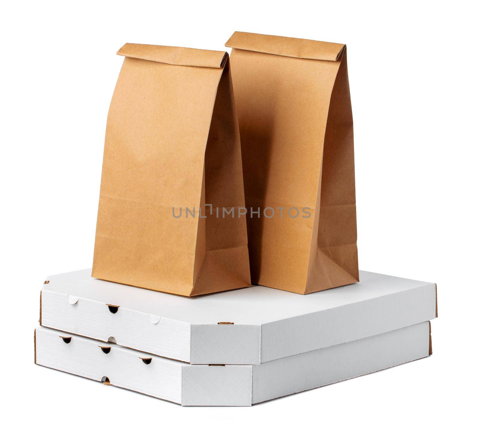 Brown craft paper bag packaging template on white background close up