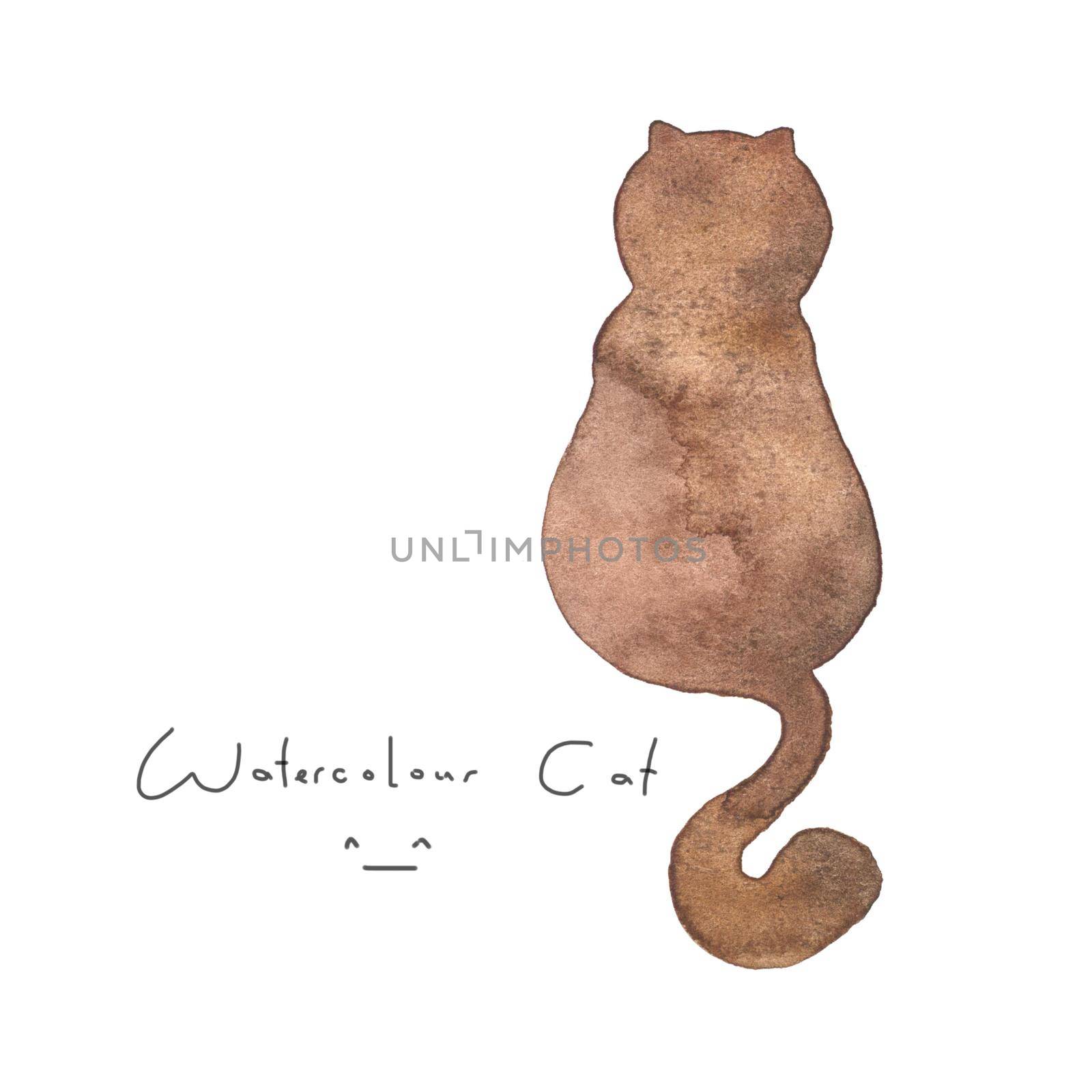 Watercolour brown cat isolated on white background. Cute simple animal hand drawn. Illustration style. Sign or symbol of a kitten. Paint element. Watercolor happy pet. Kids image