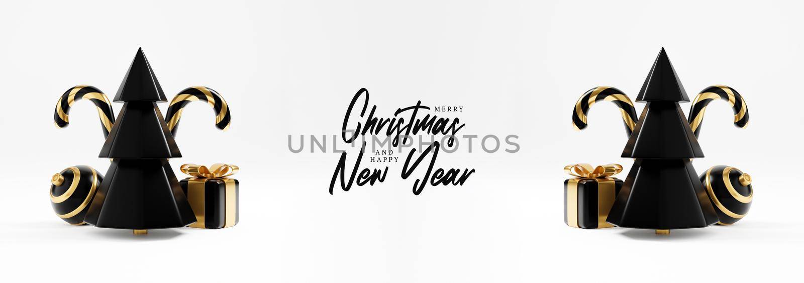 Luxury christmas 3d render banner or greeting card. Modern Minimal New year and Christmas gold and black Decoration with tree, candy, ball, gift box on white background