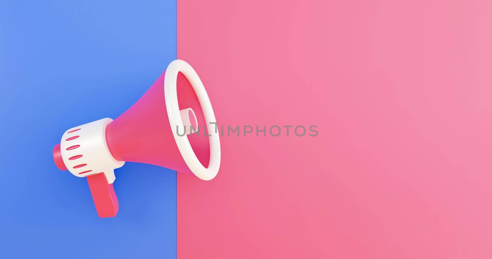 realistic 3d megaphone, loudspeaker minimal concept. Megaphone on blue and pink background. 3d render illustration