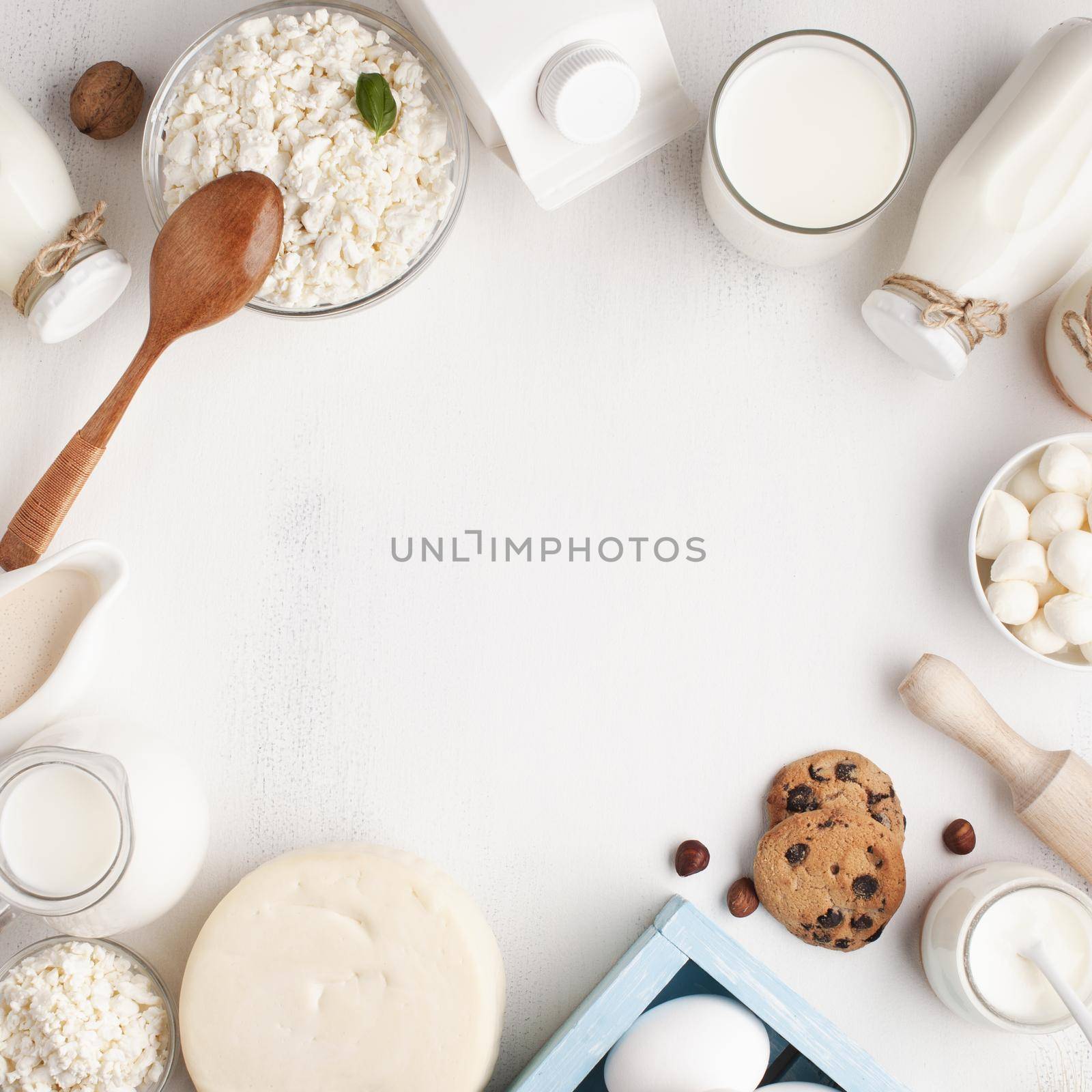 dairy products frame white background