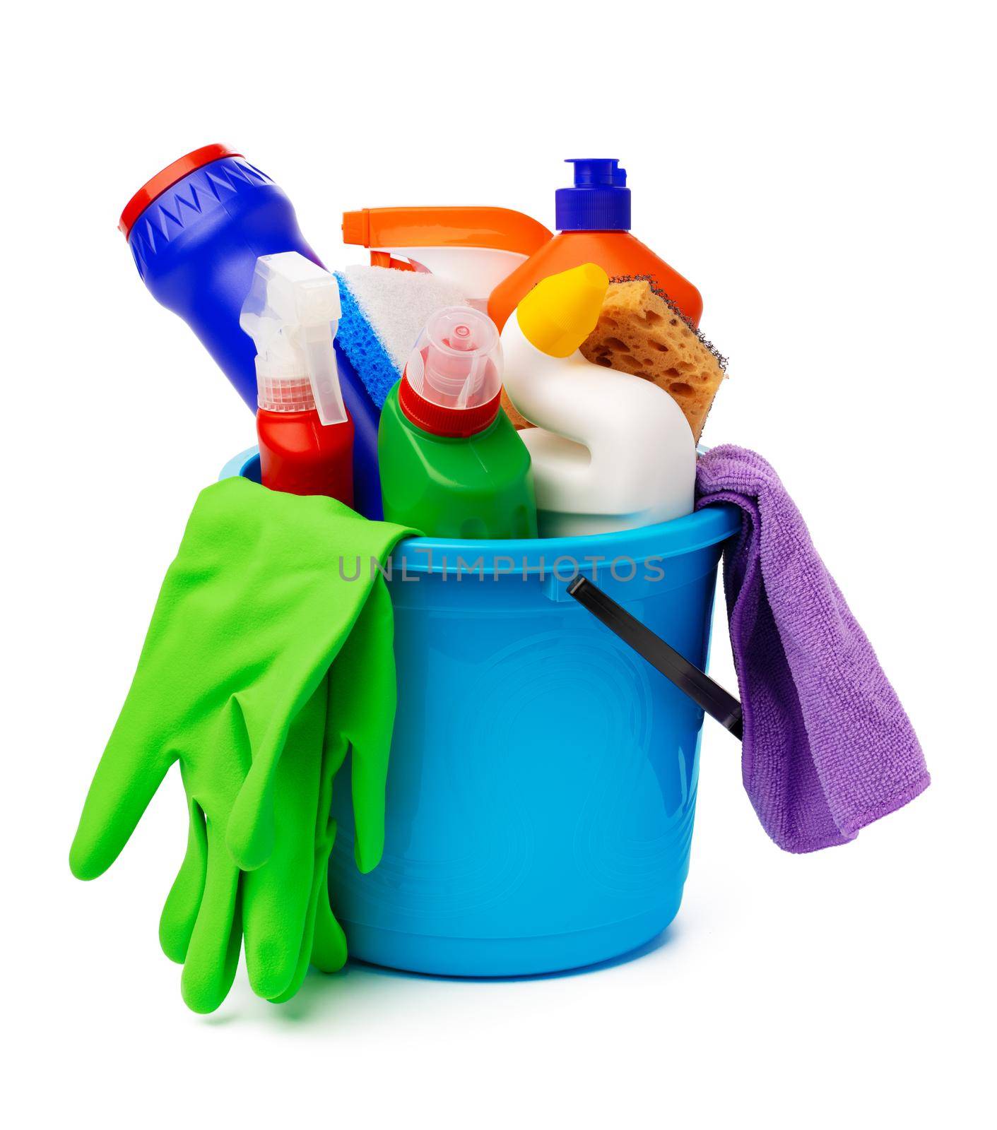 Liquid detergents and cleaning supplies in plastic bucket on white background by Fabrikasimf