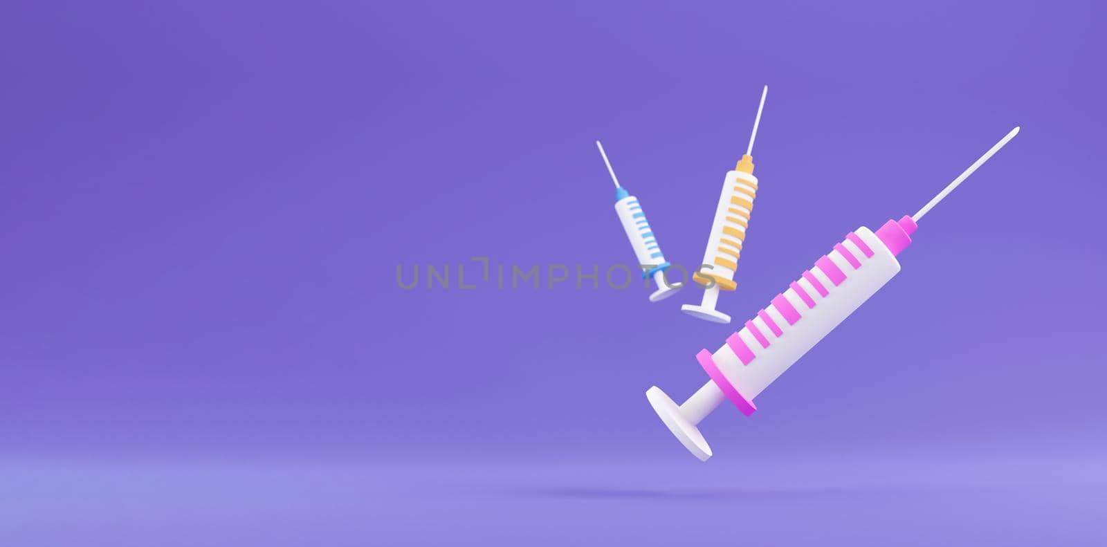3d three Syringe for vaccine, vaccination, injection, flu shot. Vaccination icon with Medical equipment. Minimalism concept. 3d illustration render with copy space by lunarts