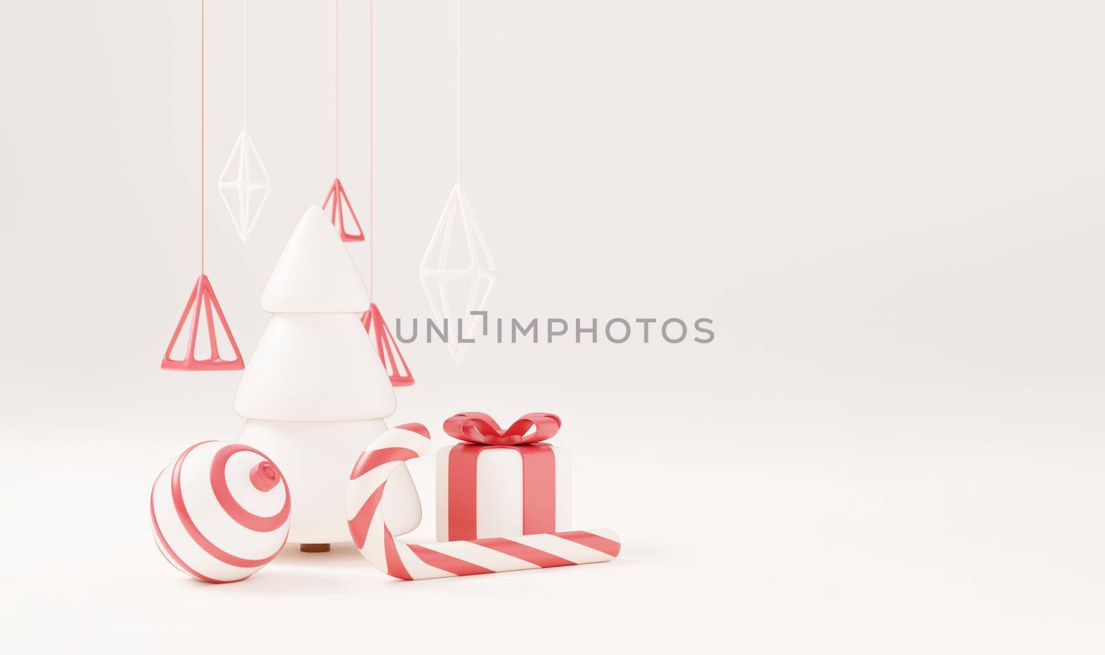 3d Christmas tree with red gift box and ball white background, xmas poster, web banner. 3d render illustration minimal style christmas and new year concept