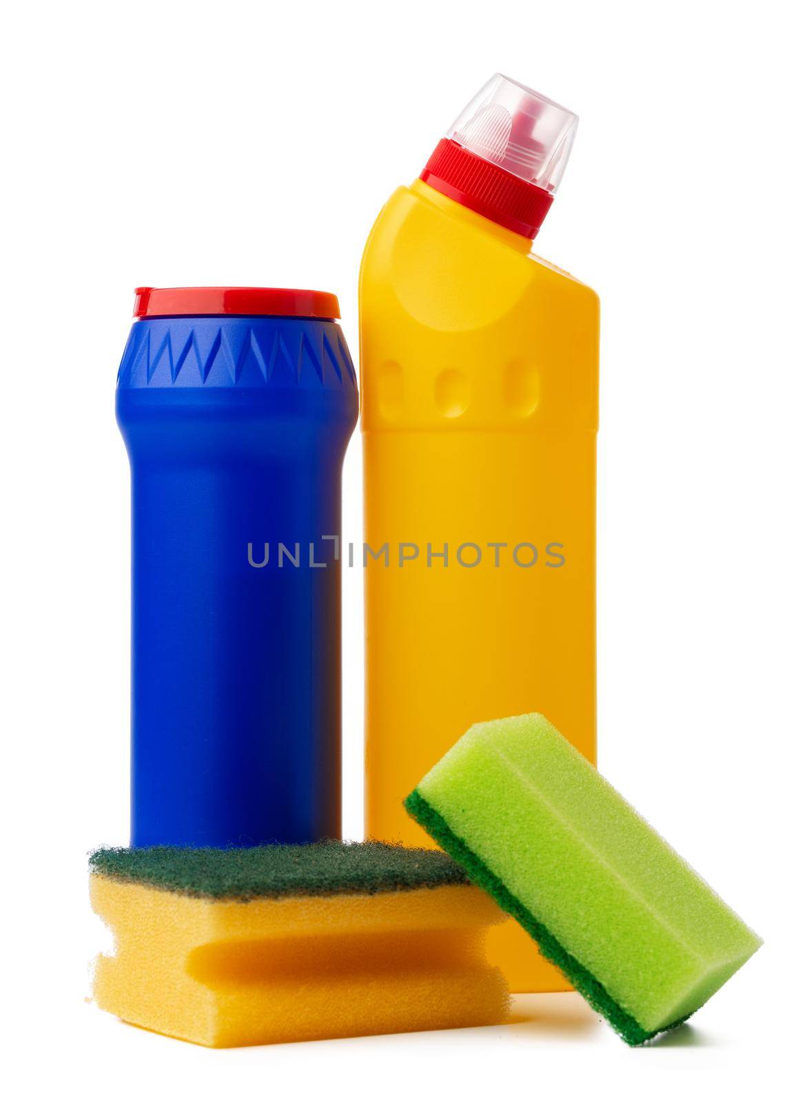 Bottles with cleaning products and sponge on a white isolated background, copy space